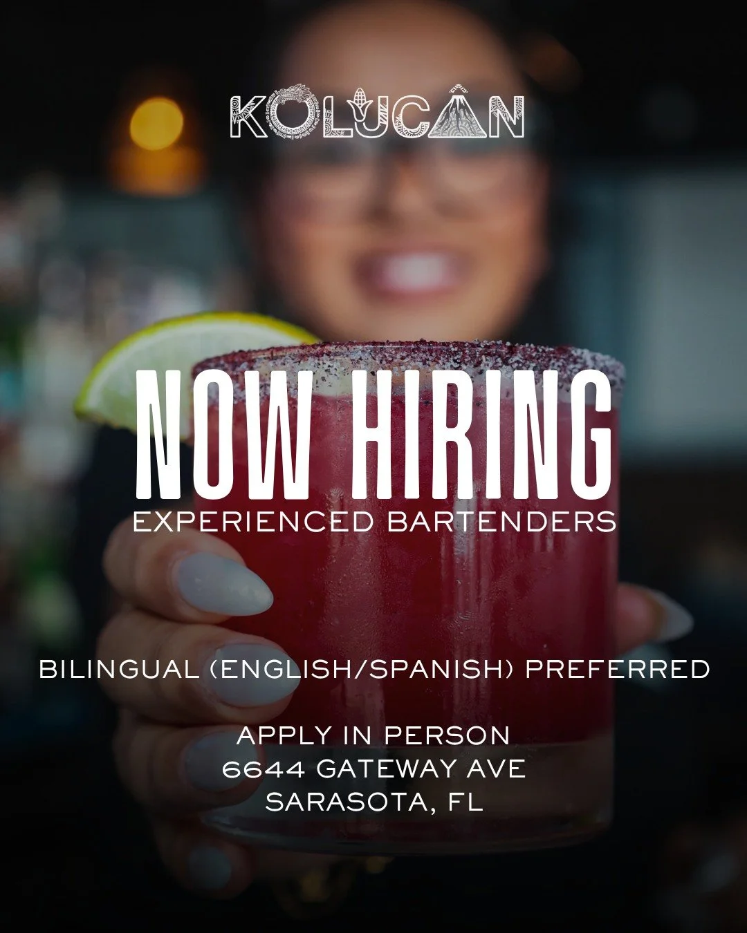 We're growing our team! 🍹

Kolucan is currently hiring bartenders. Bilingual (English/Spanish) candidates are preferred.

If you have experience behind the bar, enjoy creating great drinks, and love connecting with guests, we'd love to meet you.

Ap