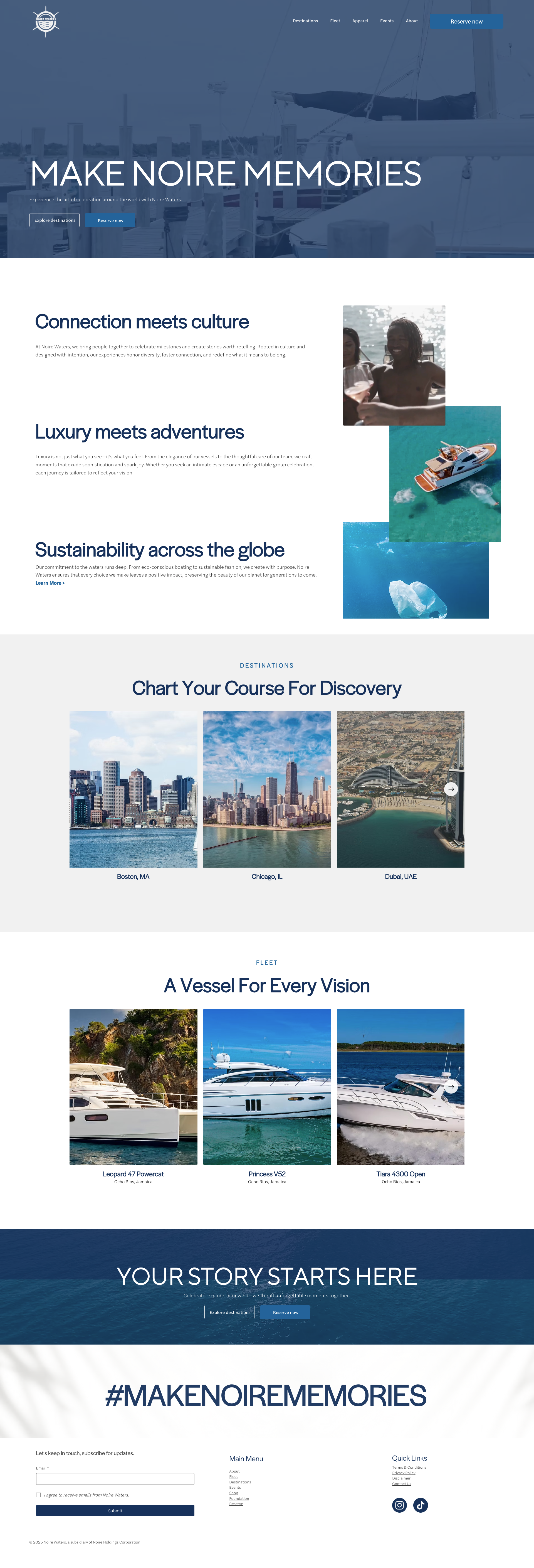 The redesigned Noire Waters landing page features clear storytelling, a well-structured information hierarchy, and a cohesive design creating a more engaging and intuitive user experience.
