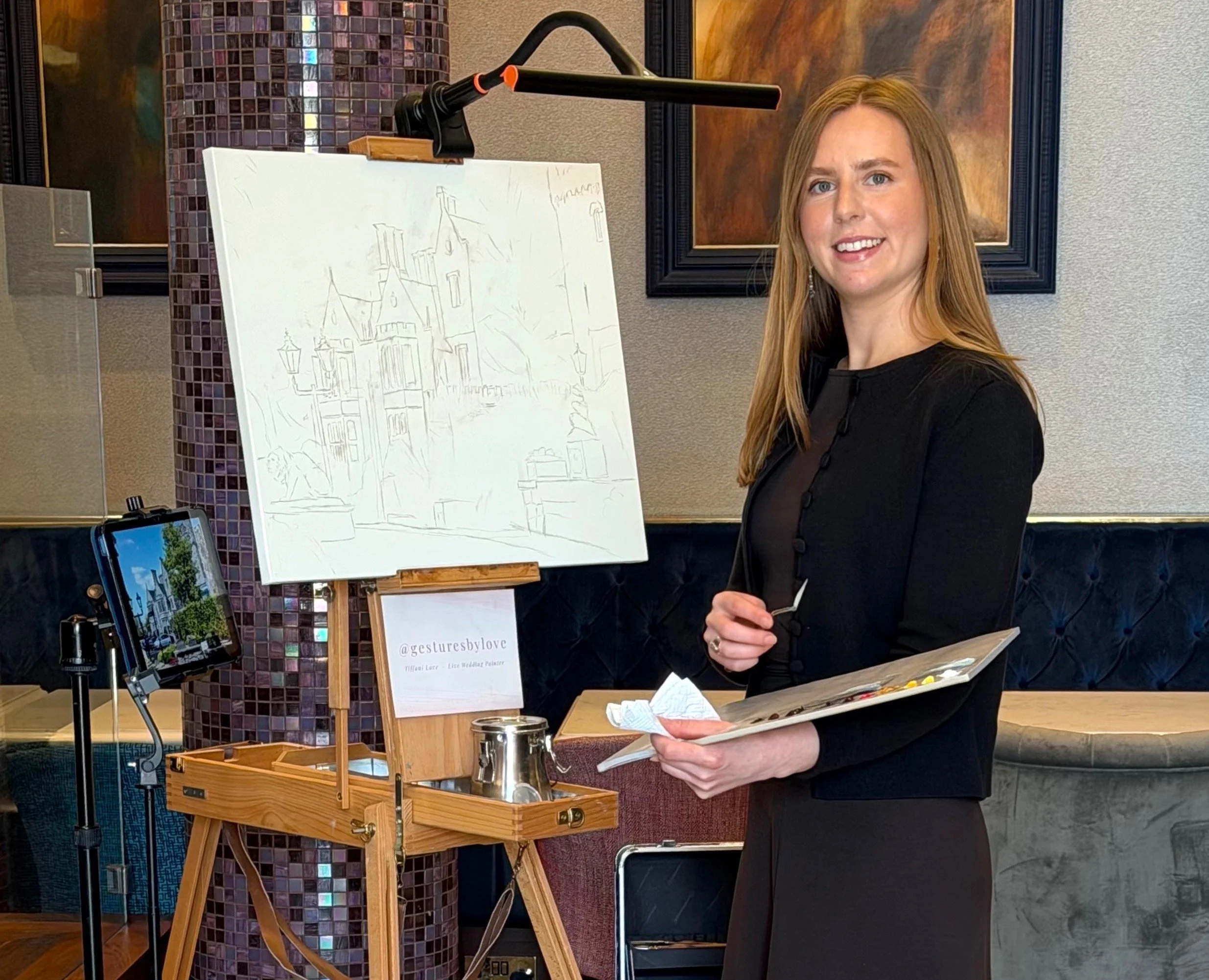 Live Wedding Painter with easel in Ireland at clontarf castle in Dublin. Gestures by Love