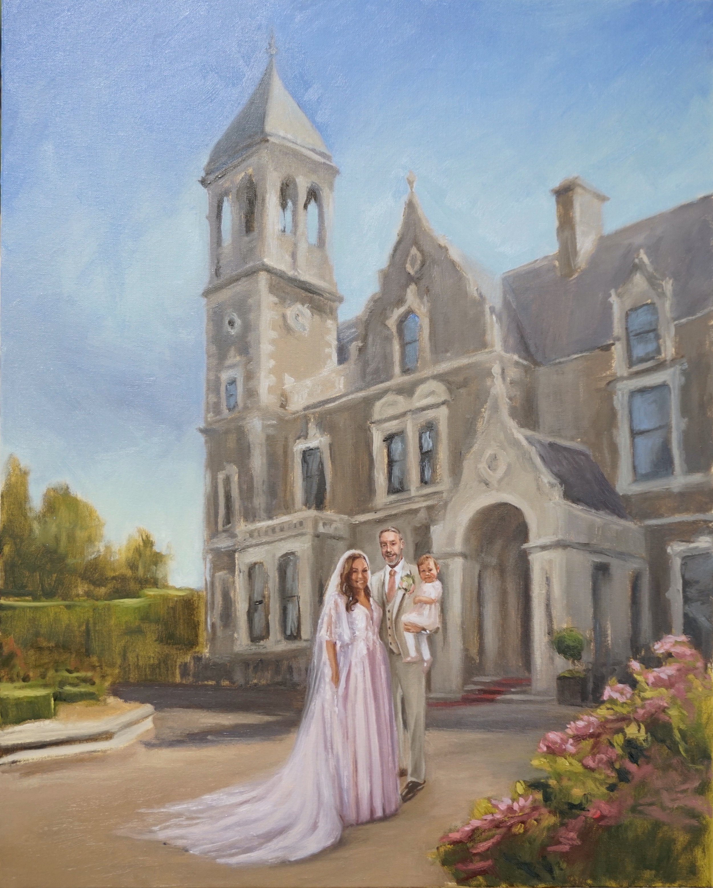 Live Wedding Painter Ireland, painting of Kilashee Kildare Wedding Couple Artwork. Ireland Wedding Artist