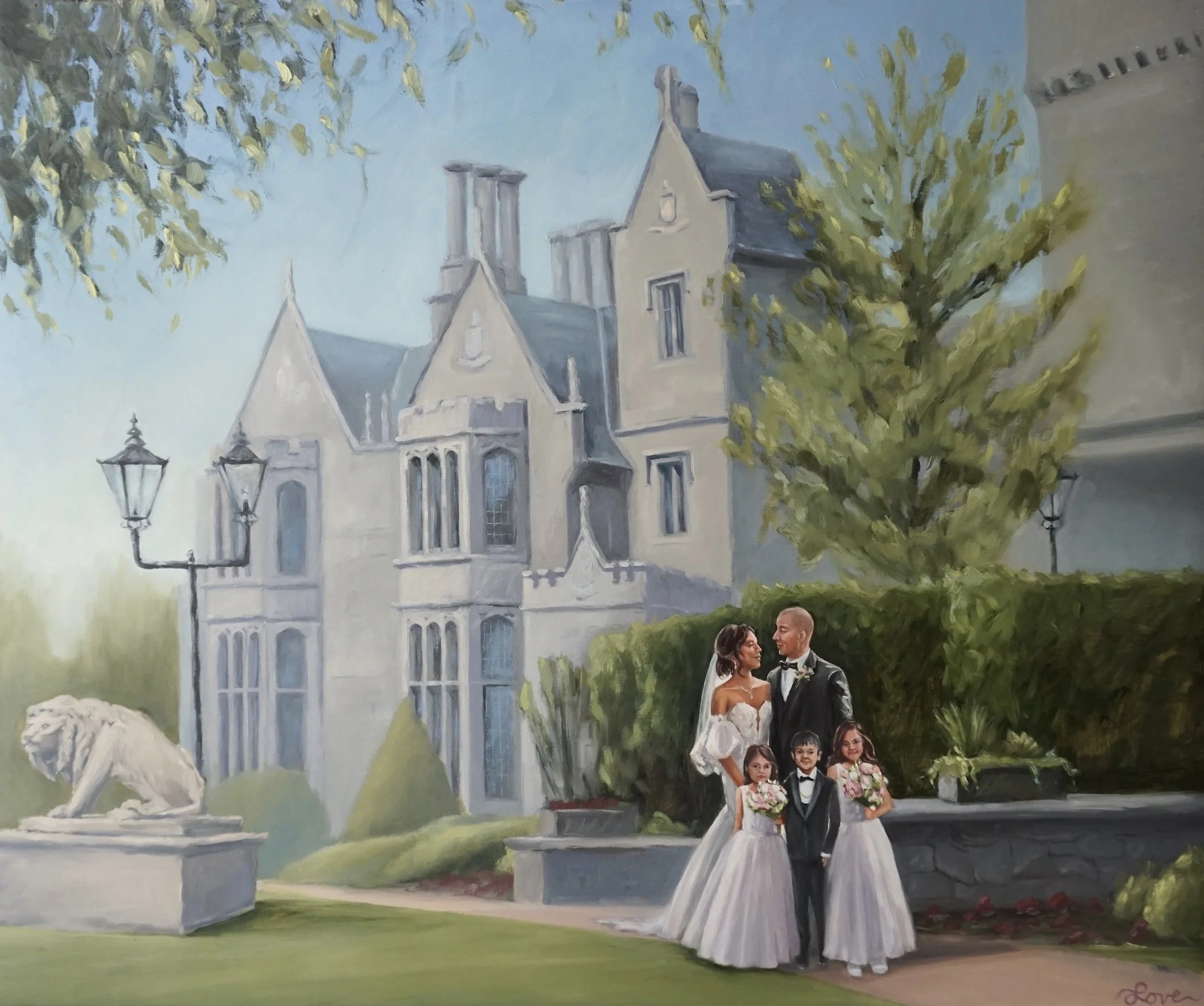 Clontarf Castle Dublin. Live Wedding Painter Ireland. Luxury oil painting of bride and groom