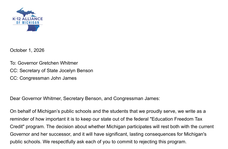 K-12 Alliance of Michigan Sends Letter Urging Whitmer, Benson &amp; James to Keep Michigan Out of Disastrous School Voucher Program