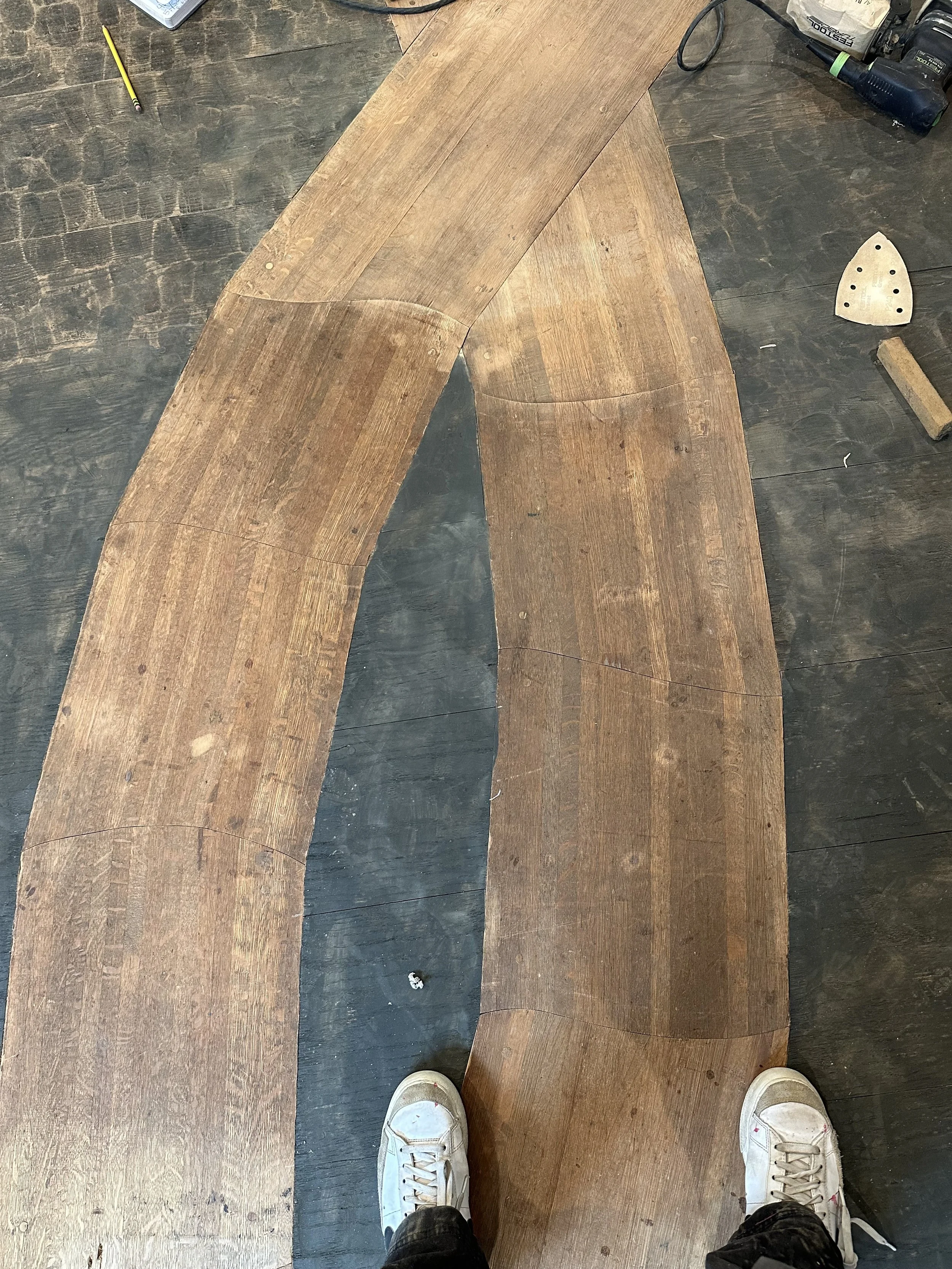 While all planks of wood were beauty to behold, pictured here, are saved pieces of Pew from a local church that’s closed. I felt a responsibility to work with confidence and skill on this wood. This turned out to be a challenge for me, I got in my he