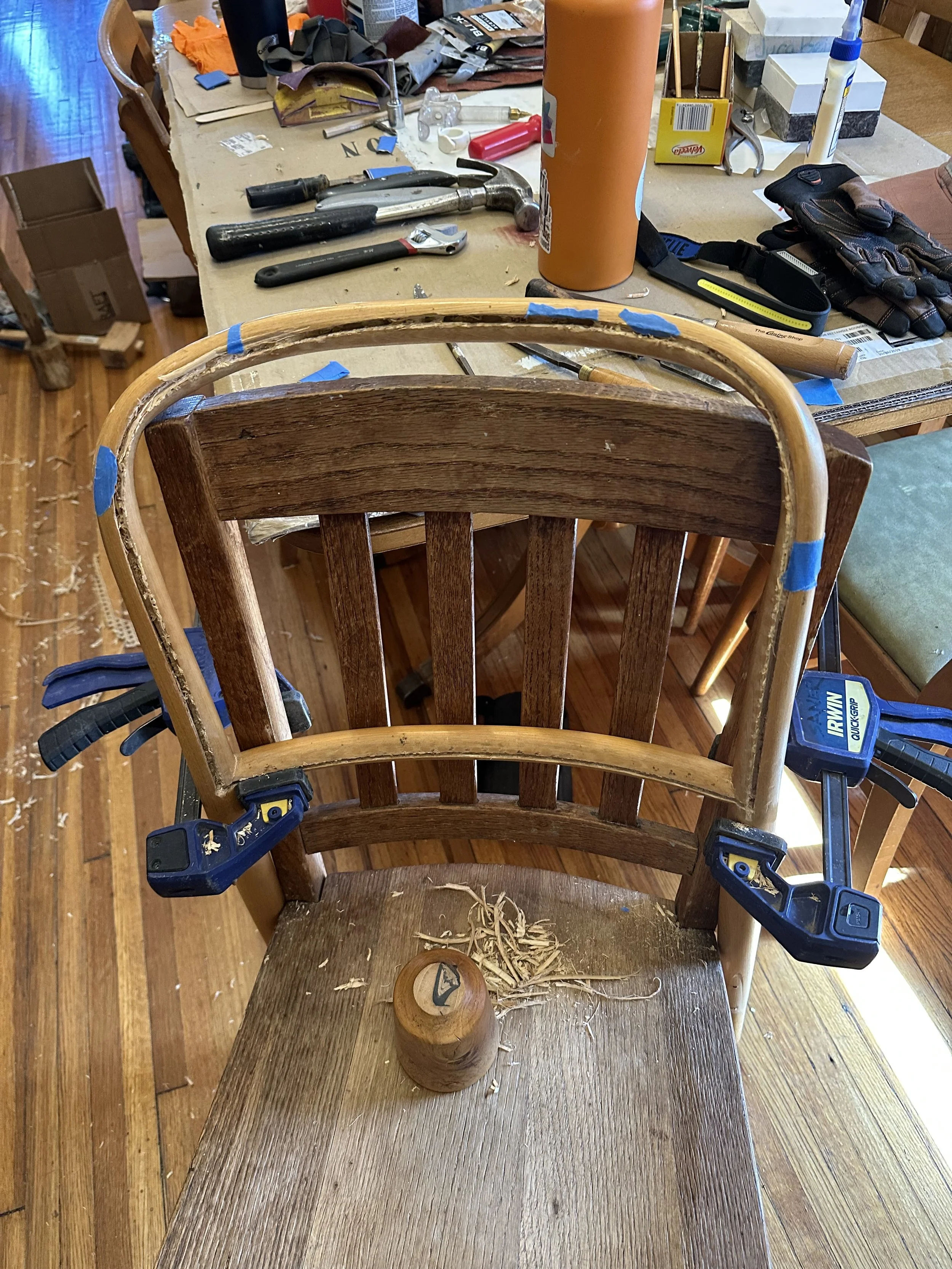 Much of the caning project was adapting erogmatic ways to work. I took it upon myself to lead that and same up with several ways to secure the backs and seats of the chairs. Different parts required different solutions. I was proud to innovate and be