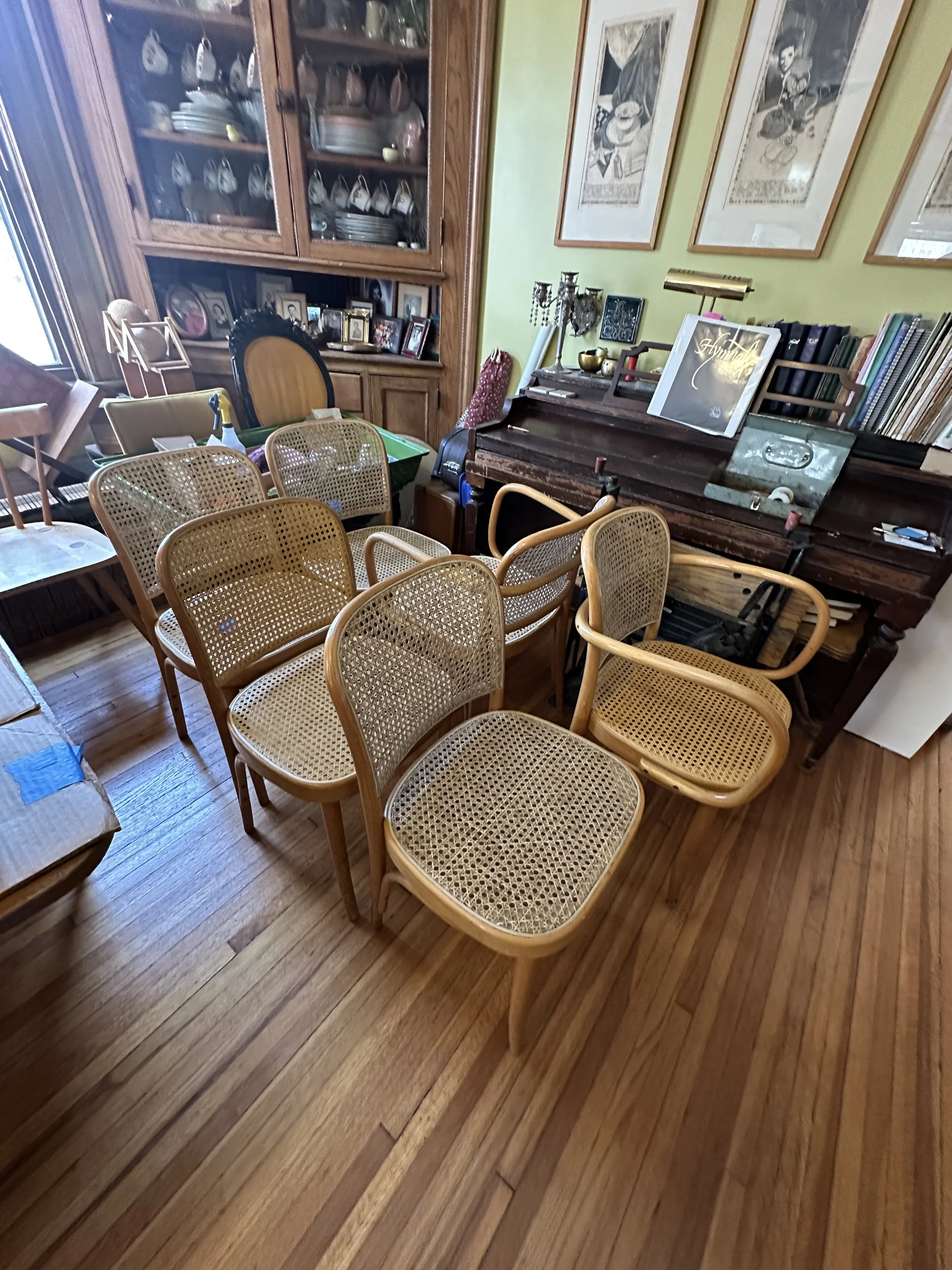 All chairs re-caned and awaiting color staining.  We used stiff bristle brushes to kneed in the pigment. 