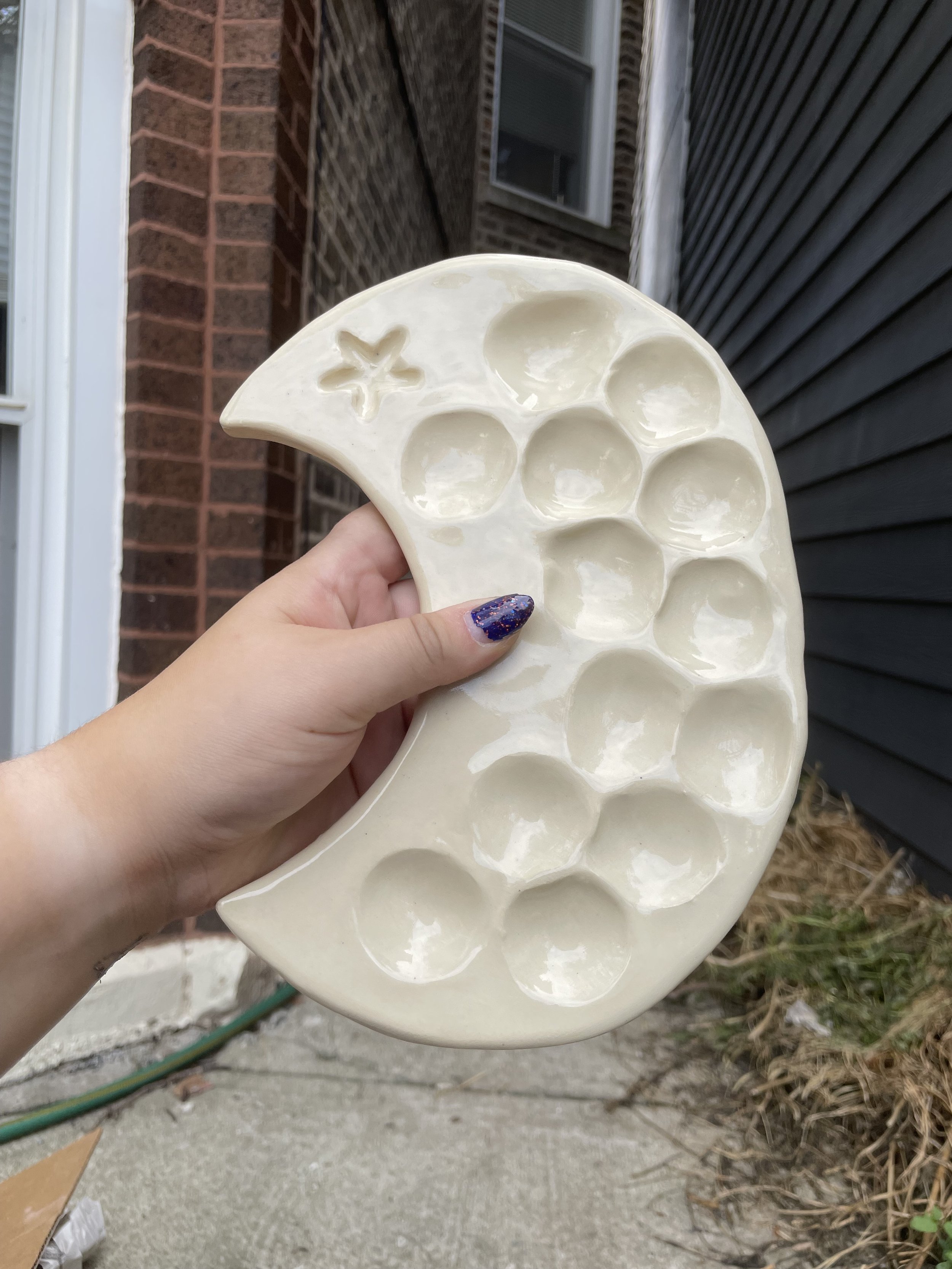 Moon Paint Palette. Designed, hand shaped clay with clear glaze.