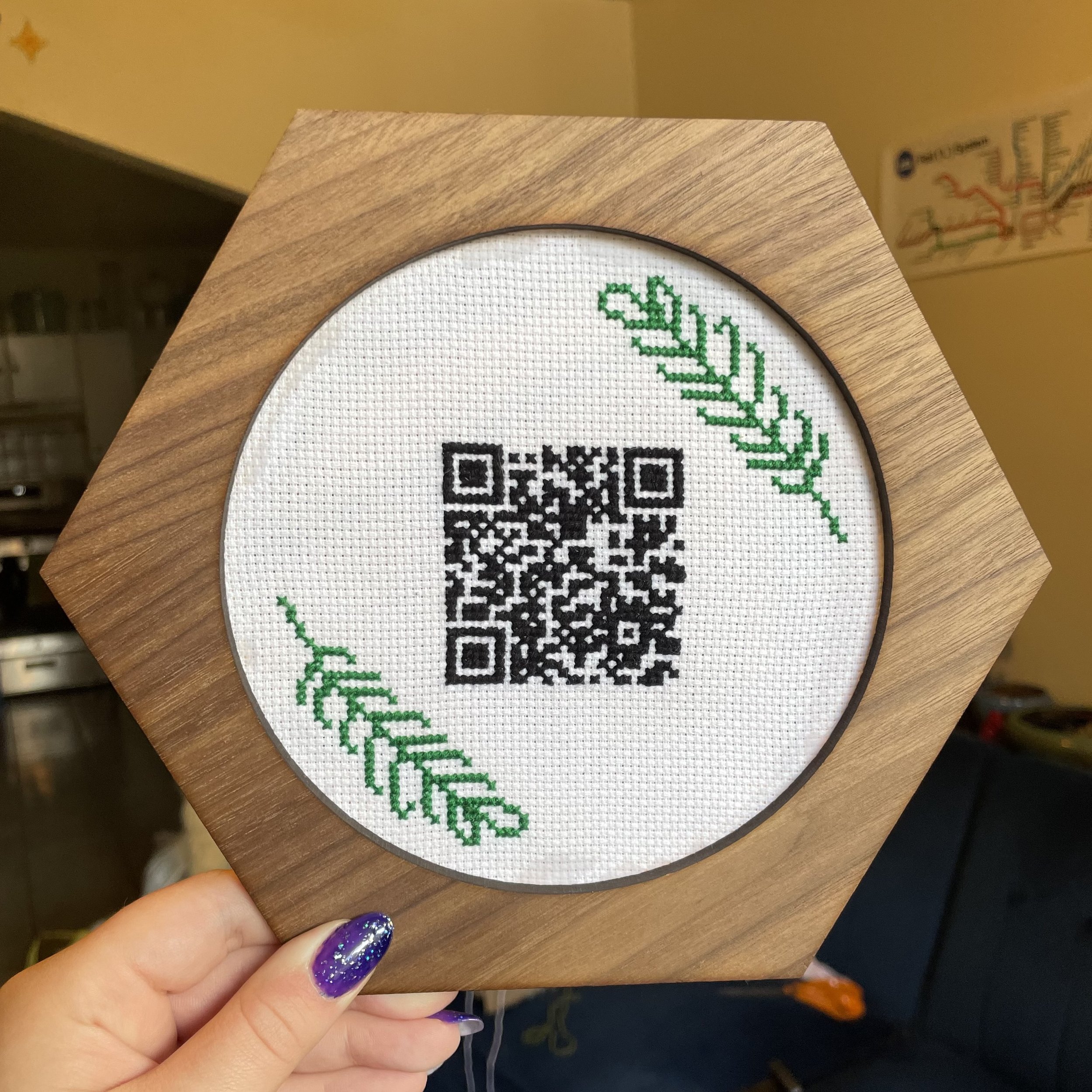 Cross Stitch QR Code. Hand stitched with sourced frame.