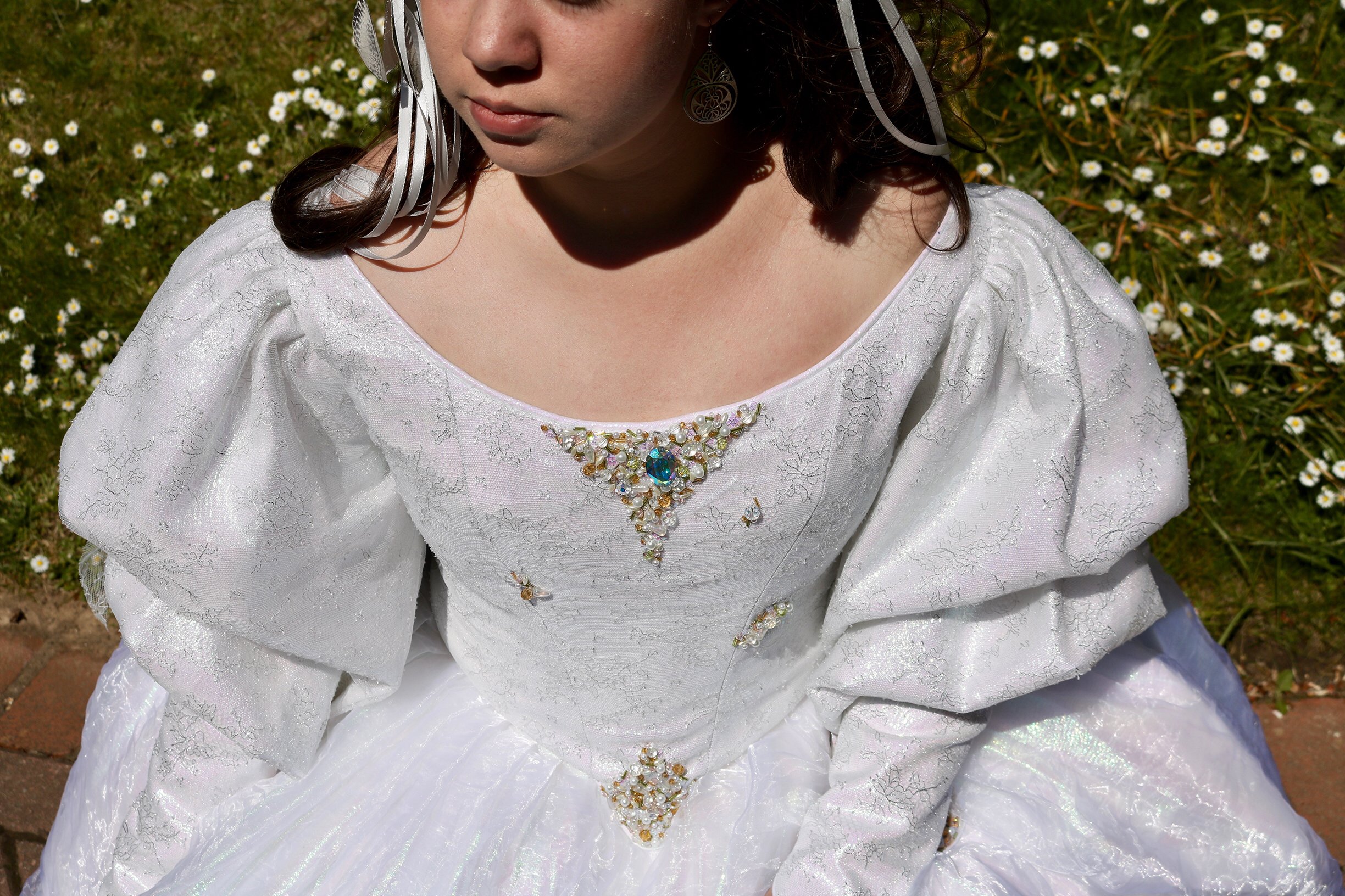 Sarah's Dress from Labyrinth Costume Replica. Patterned bodice and skirt, sourced fabrics, fabricated wig, hairpiece, bodice, skirt, and underlying structures. Features beaded hand embroidery.