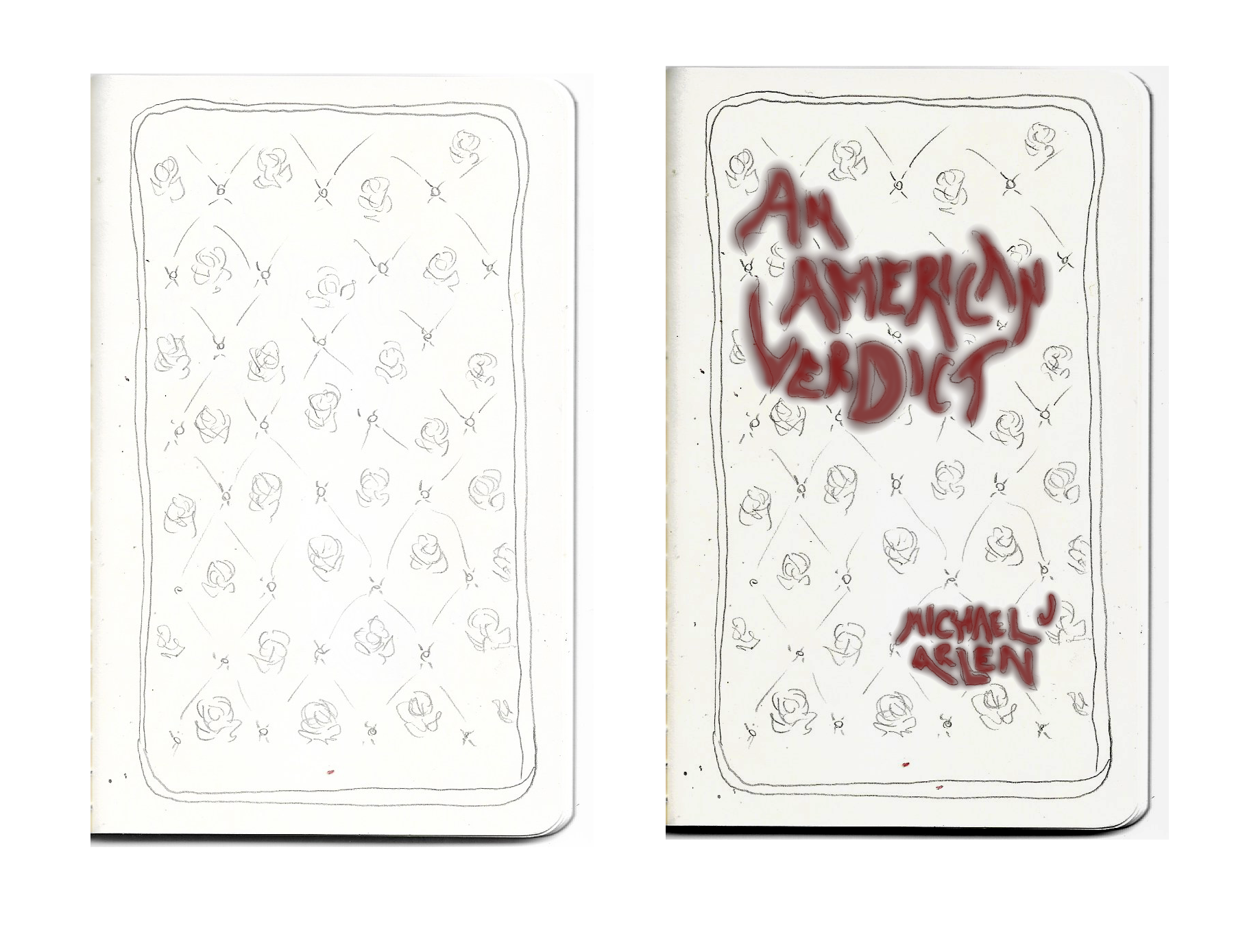 Thumbnail draft of front and back cover for An American Verdict, created for Eric Nyquist's Book Illustration class fall 2025