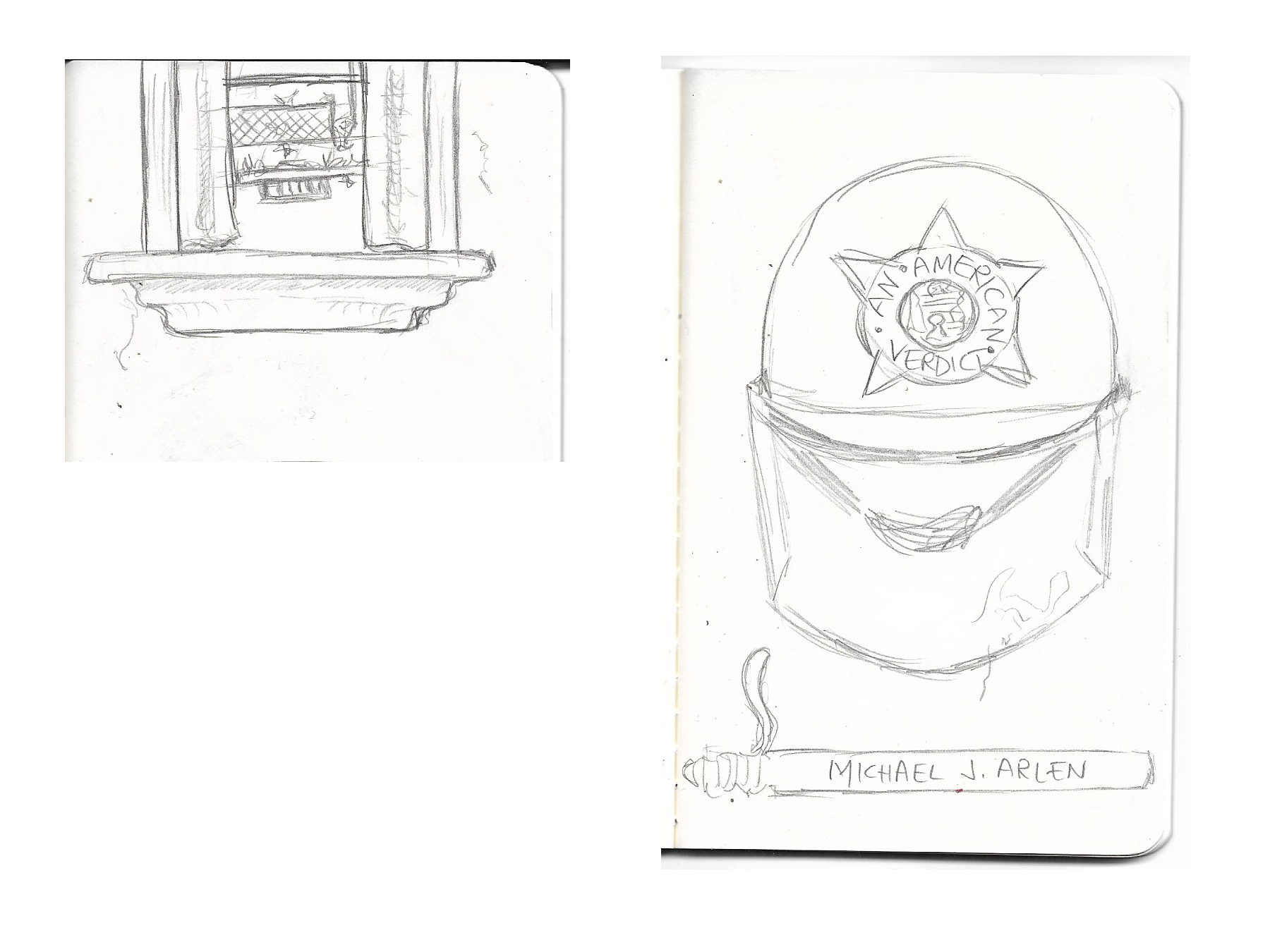 Sketchbook thumbnails for An American Verdict cover, created for Eric Nyquist's Book Illustration class fall 2025