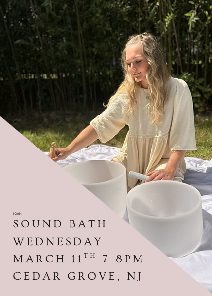 Woman with blonde hair playing crystal sound bowls outside
