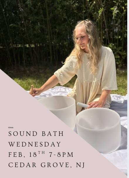 A young girl with long blonde hair playing crystal singing bowls outdoors on a white blanket, with greenery in the background. Text overlay promoting a sound bath event on Thursday at 6 PM at Vault Fitness.
