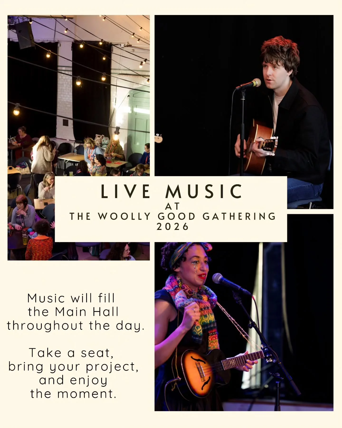 🎶 Woolly Good music🧶

Music is part of the rhythm of The Woolly Good Gathering.

Throughout the weekend, the Main Hall will be filled with live performances&mdash;offering a space to sit, stitch, listen, and simply be. Whether you stay for a full s