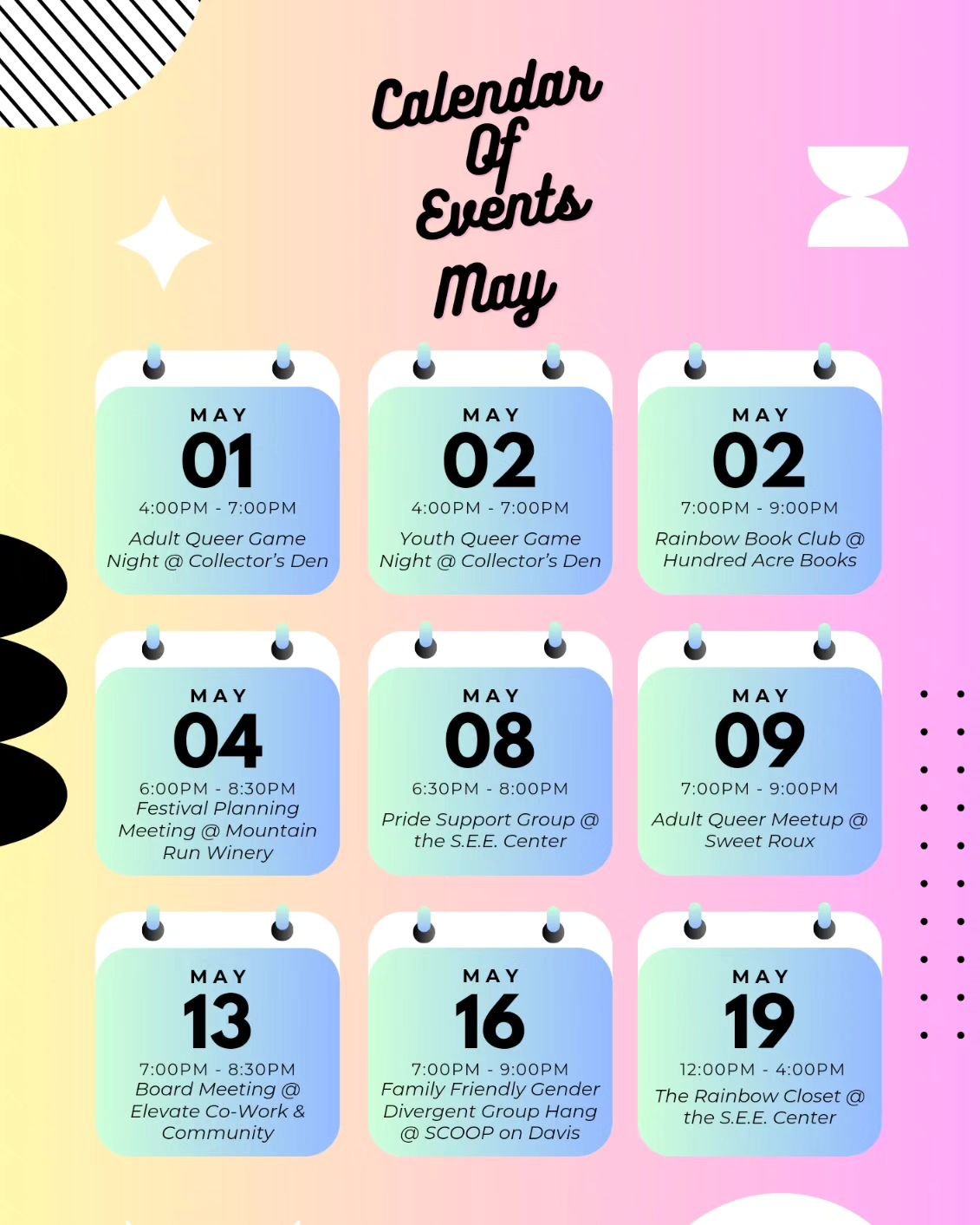 Events calendar for May 2024! ✨️💖🌈