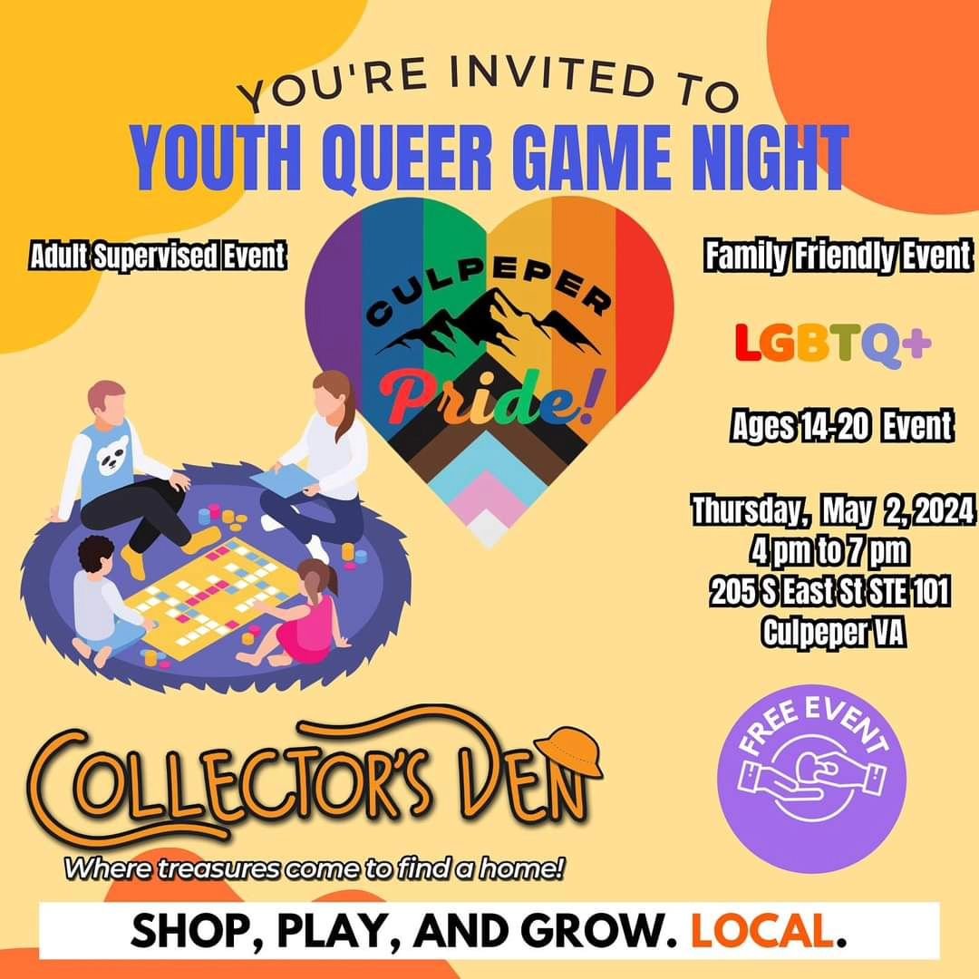 Youth Queer Game Night is TOMORROW!!! ✨️💖🌈

We invite all our local LGBTQIA2S+ youth to join the fun! Bring a game, grab a seat, and enjoy! 🙂