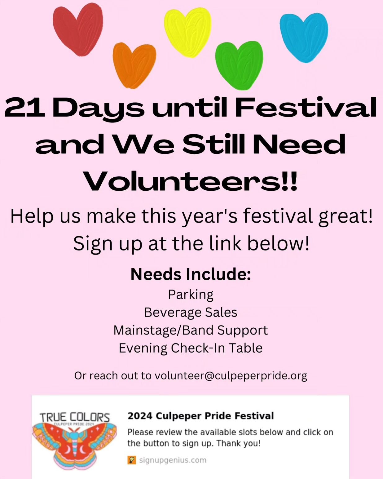 Culpeper Pride STILL needs YOU! Sign up to volunteer for the 2024 Culpeper Pride Festival now at the link below! ✨️💖🌈

https://www.signupgenius.com/go/10C0B4AAAA922A0FDCE9-49461374-2024
