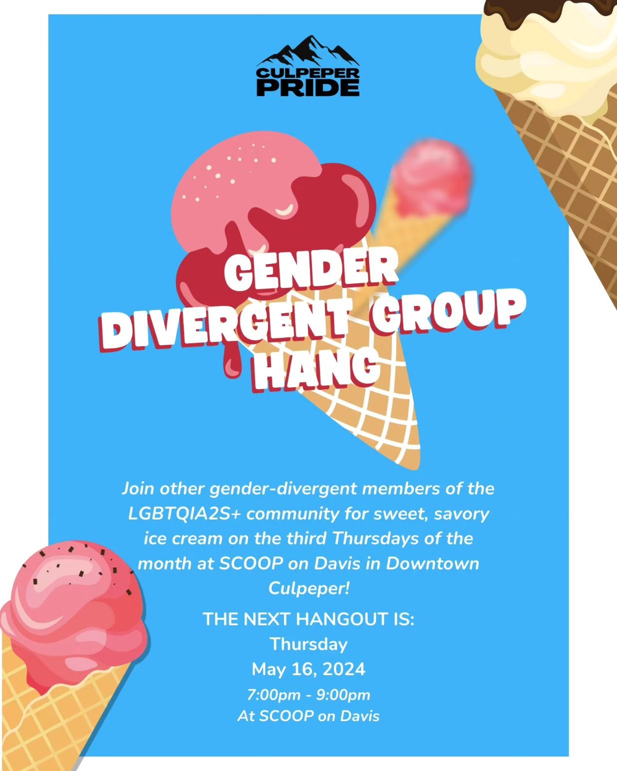 Tomorrow night is our Gender Divergent Group Hang! Be there or be square! You won't want to miss this one! ✨️💖🌈