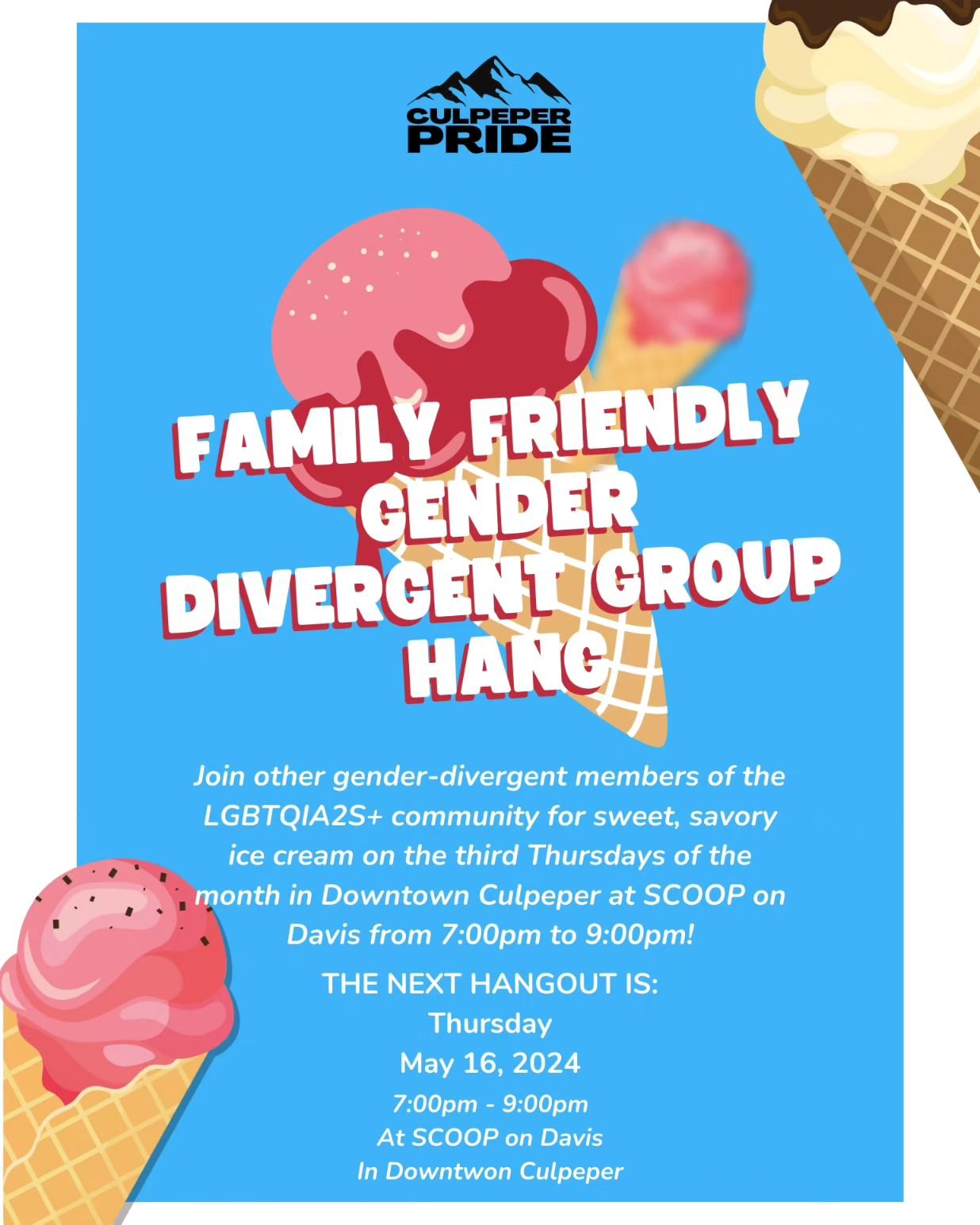 Join us TONIGHT for the Family Friendly Gender Divergent Group Hang at SCOOP on Davis! 🍨