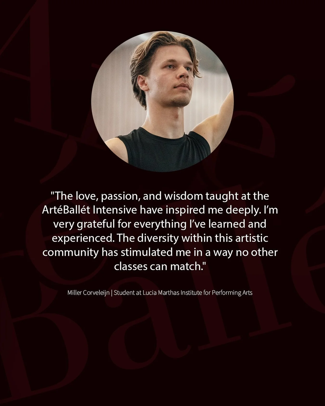 𝗪𝗼𝗻𝗱𝗲𝗿𝗶𝗻𝗴 𝘄𝗵𝗮𝘁 𝗺𝗮𝗸𝗲𝘀 𝗔𝗿𝘁𝗲𝗕𝗮𝗹𝗹𝗲𝘁 𝘀𝗼 𝘀𝗽𝗲𝗰𝗶𝗮𝗹?
𝘏𝘦𝘳𝘦&rsquo;𝘴 𝘸𝘩𝘢𝘵 𝘰𝘶𝘳 𝘥𝘢𝘯𝘤𝘦𝘳, 𝘔𝘪𝘭𝘭𝘦𝘳 𝘊𝘰𝘳𝘷𝘦𝘭𝘦𝘪𝘫𝘯, 𝘴𝘩𝘢𝘳𝘦𝘥 𝘢𝘣𝘰𝘶𝘵 𝘩𝘪𝘴 𝘦𝘹𝘱𝘦𝘳𝘪𝘦𝘯𝘤𝘦 𝘸𝘪𝘵𝘩 𝘶𝘴 𝘵𝘩𝘪𝘴 𝘴𝘶𝘮𝘮𝘦?