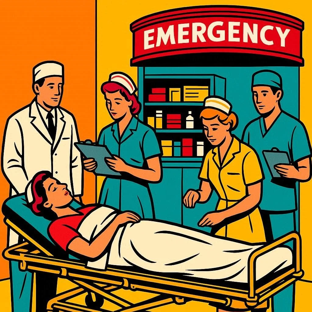 Group of surgeons wearing scrubs, masks, and caps, looking down at the camera during surgery in an operating room.