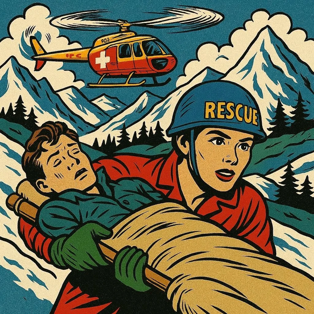 Professional woman emergency mountain rescue. Wilderness First Aid Training in the mountains. Training with The Resusci-Taters in the mountains