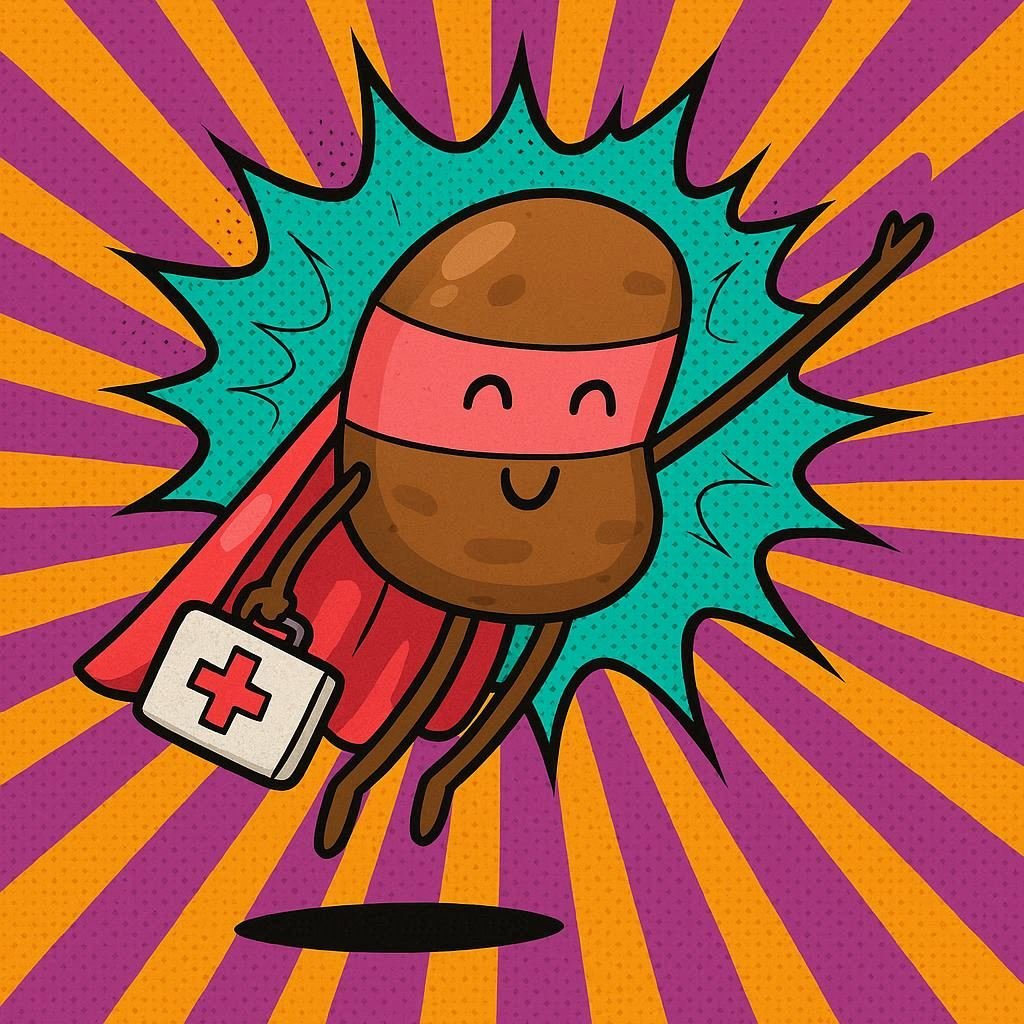 A flying potato wearing a pink superhero cape flying with a white medical box with a red cross on the box. Background is pop art in turquoise, purple and orange