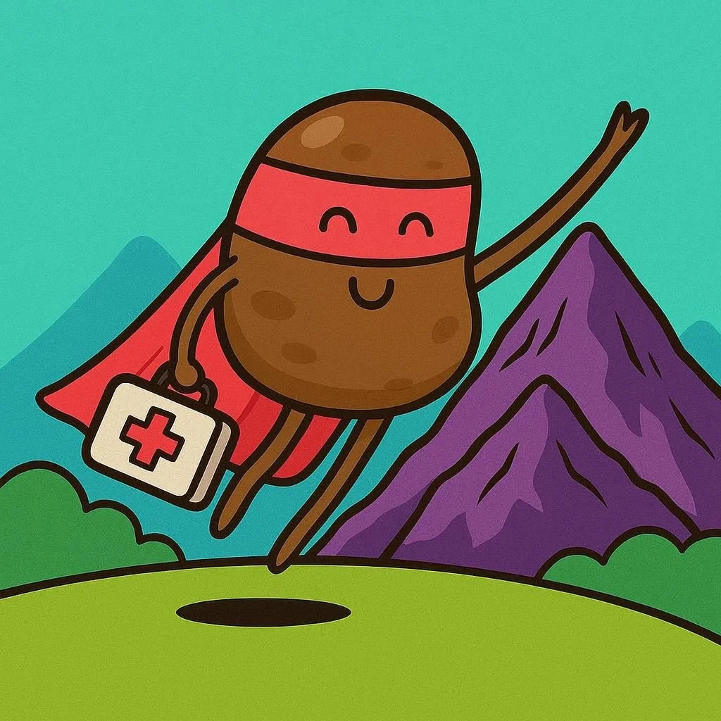 A cartoon character resembling a potato with a red headband, smiling and flying with a medical kit in hand, over mountains and green terrain.