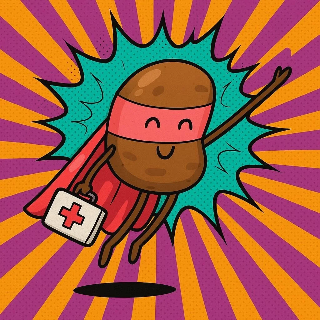 The Resusci-Taters logo: A cartoon character of a peanut dressed as a superhero with a red mask, a red cape, and holding a medical kit, flying with a joyful expression against a colorful comic-style background.