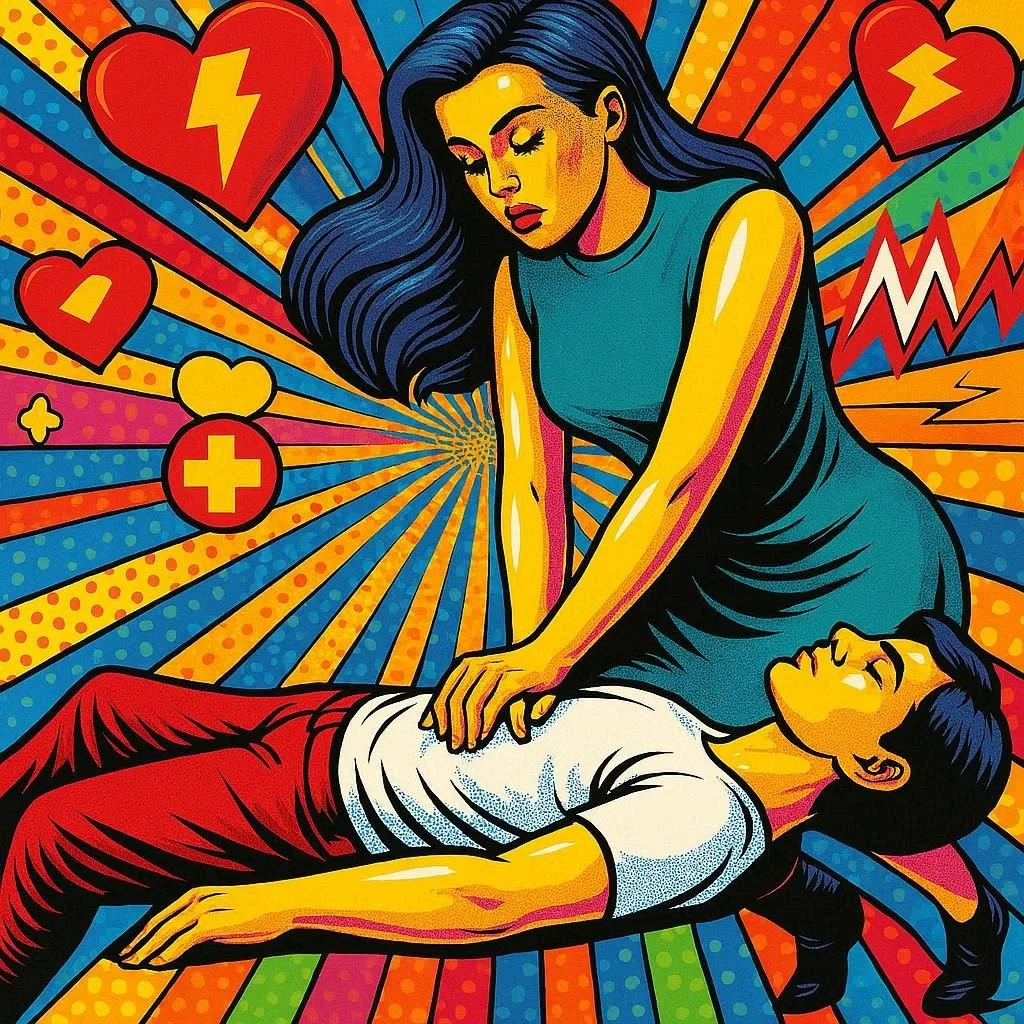 Pop art style illustration of a woman performing CPR on a man. The background features hearts with lightning bolts, medical symbols, and colorful radiating lines.