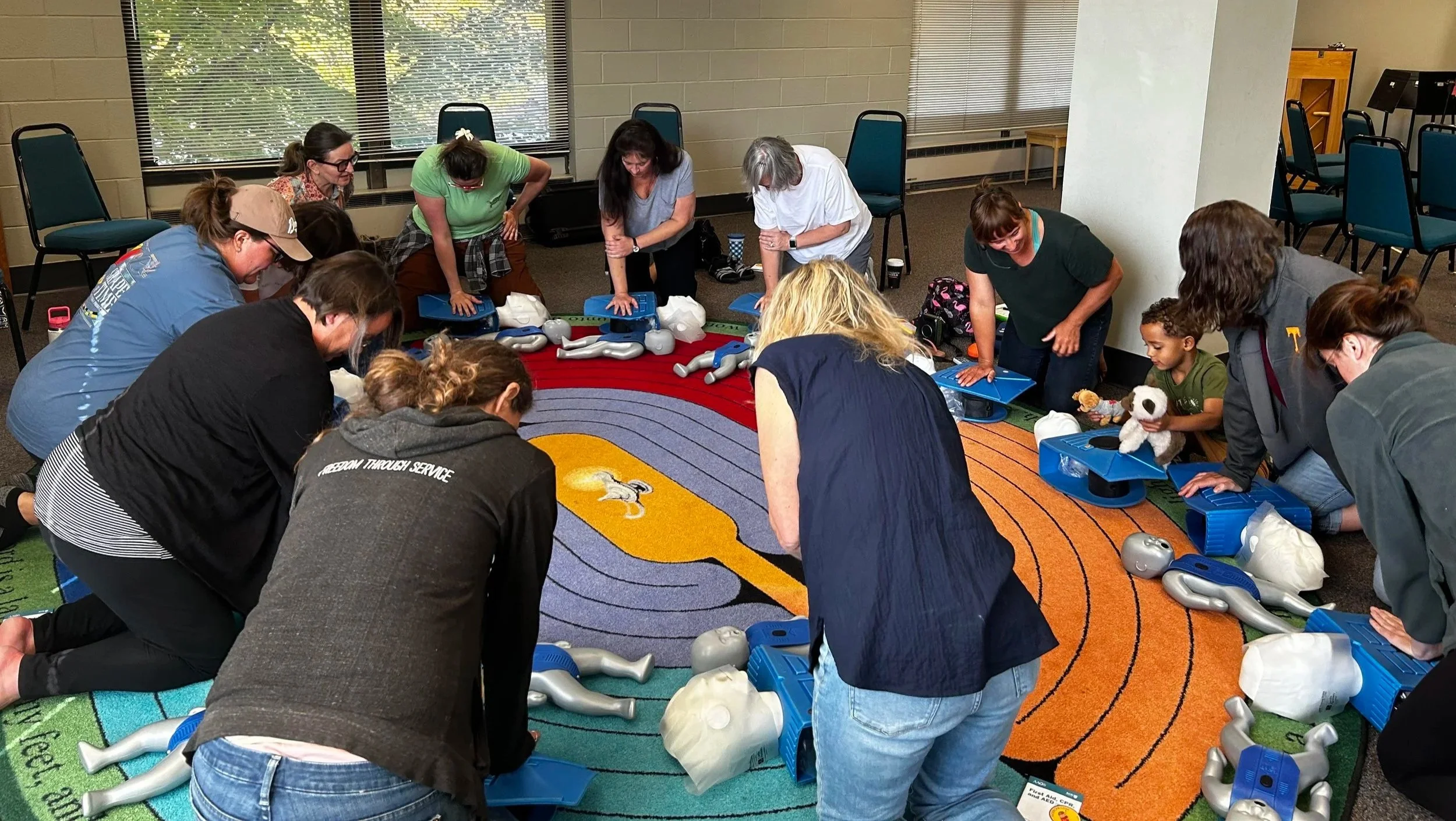 Group of people practicing CPR on mannequins on a colorful rug in a room with chairs and windows.