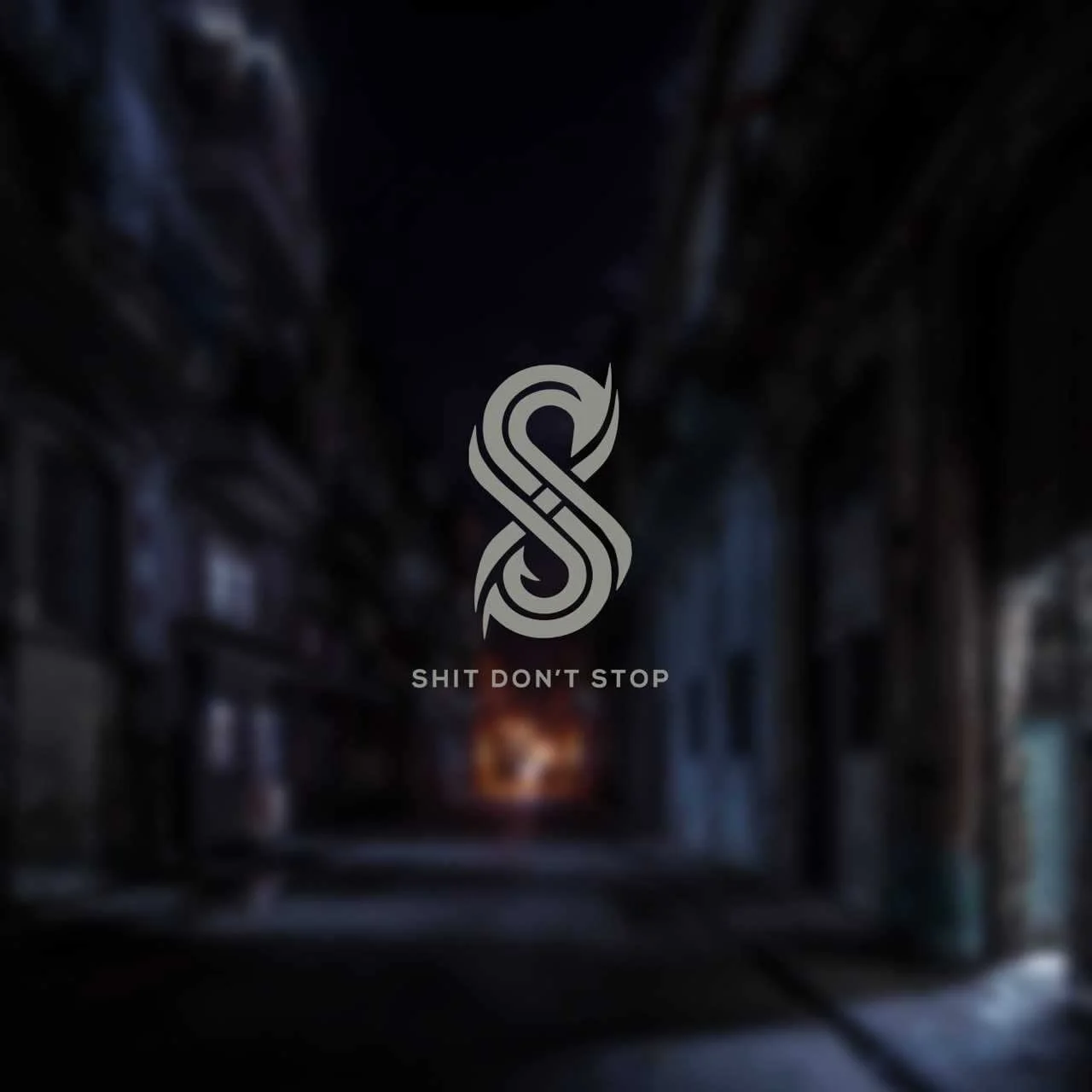 S.D.S. S logo with SHIT DON'T STOP text over a blurred nighttime city street
