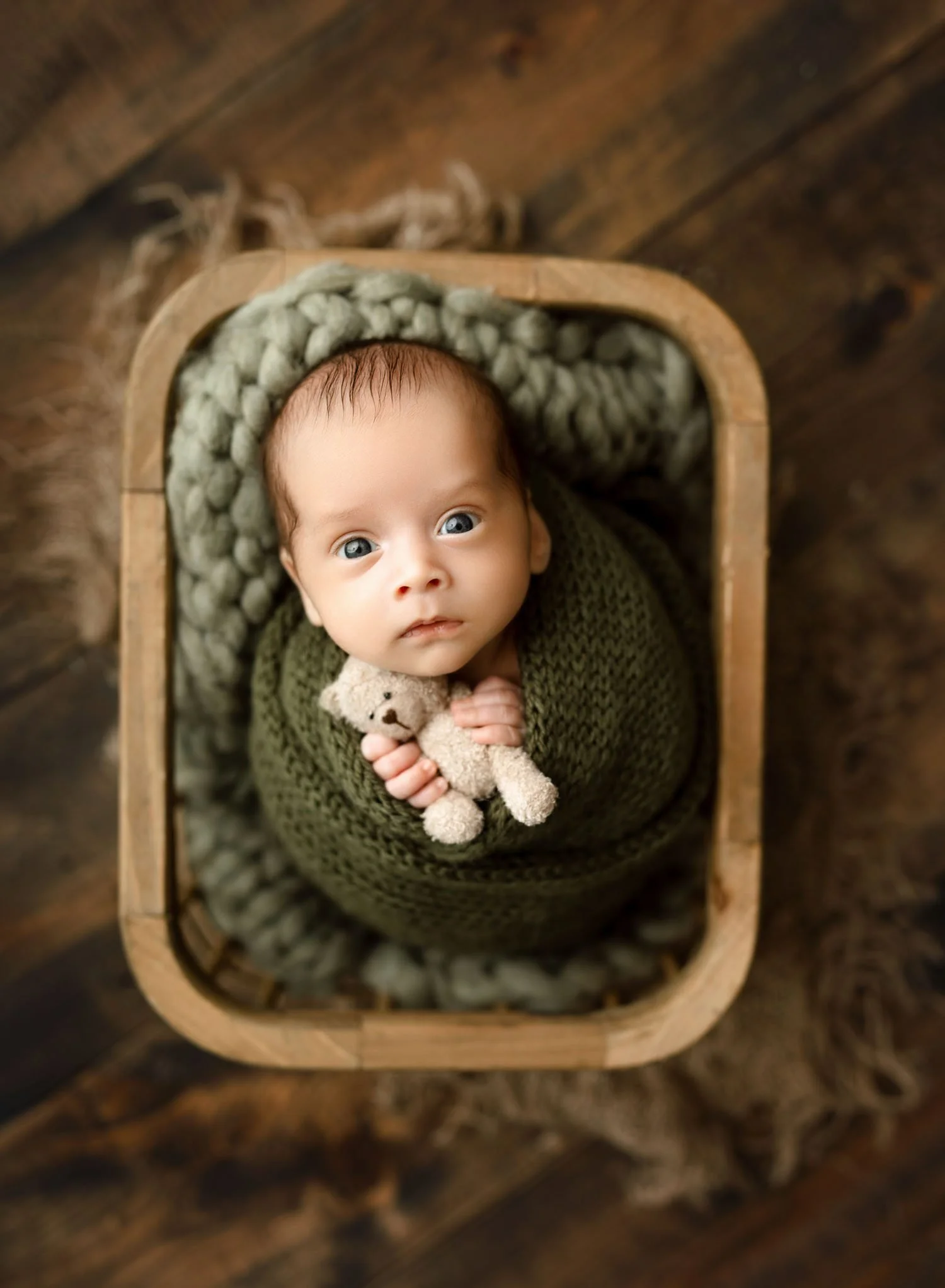 An awake newborn baby looks up from a green knit swaddle while holding a stuffed bear in a wooden basket after mom found St. Louis baby boutiques