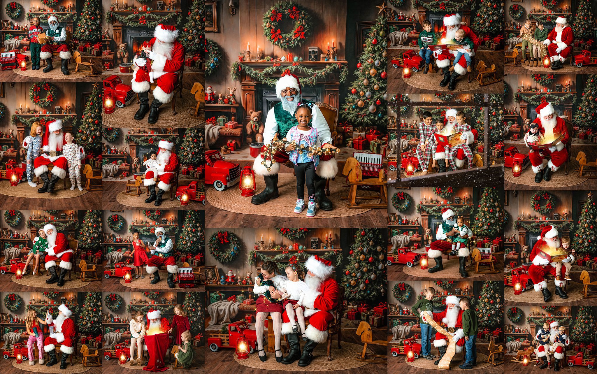 Collage of children enjoying festive Christmas moments with Santa, including Cocoa Santa, during studio holiday sessions in St. Louis.
