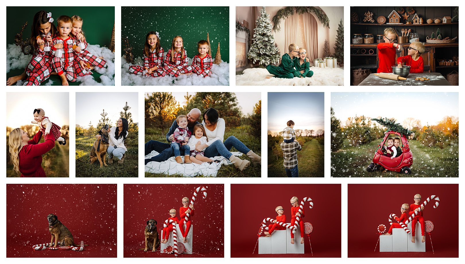 Collage of children and families during St. Louis Christmas photo sessions featuring festive studio sets, pajamas, baking, and holiday portraits.