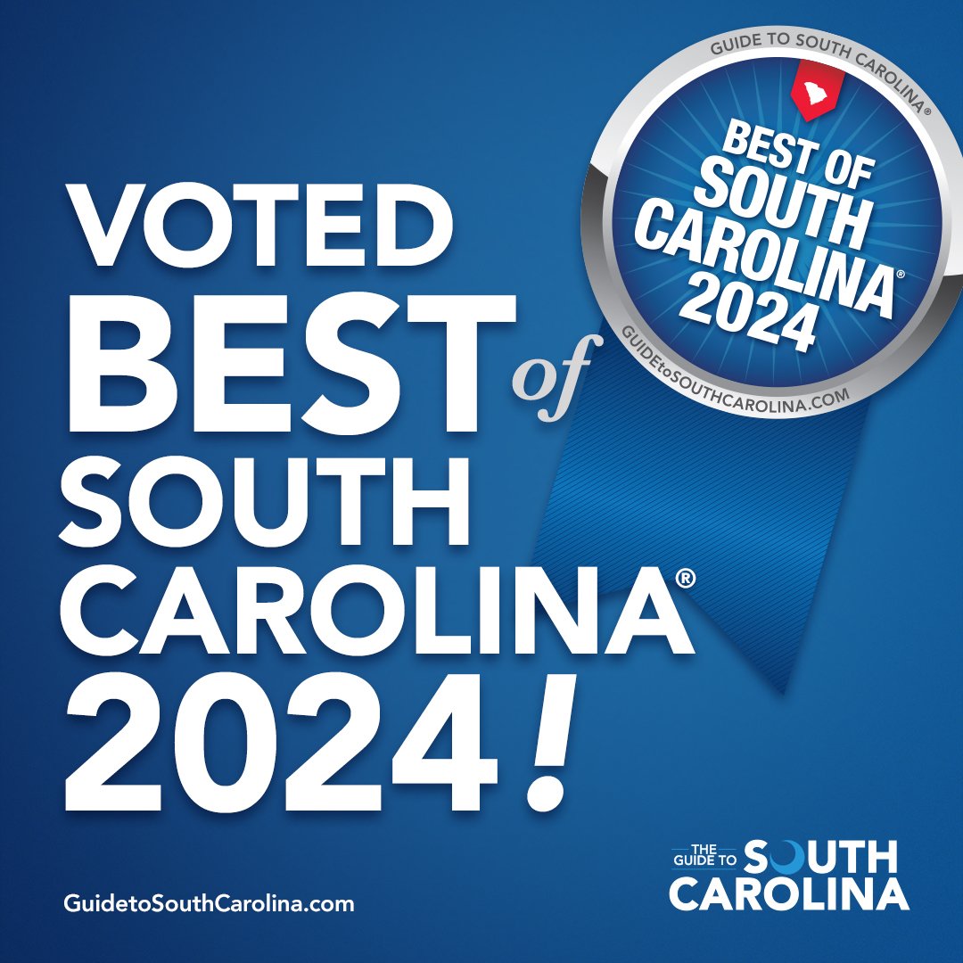 Blue graphic with white text stating "Voted Best of South Carolina 2024!" and a circular badge with "Best of South Carolina 2024" inside. Website URL: guidetosouthcarolina.com.
