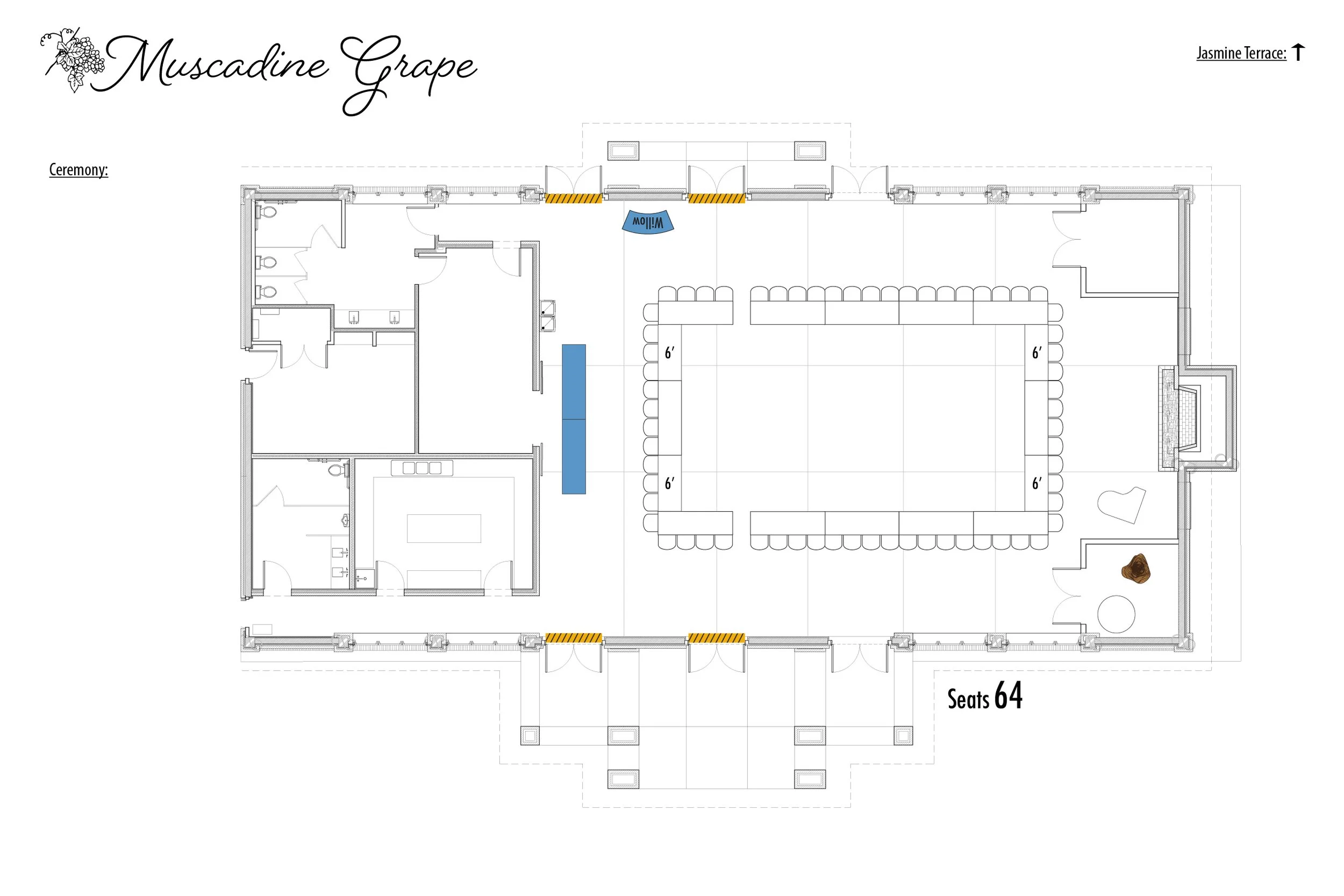 Floor plan of a building labeled 'Muscadine Grape' with a seating area for 64, stage, and various rooms, with an arrow indicating Jasmine Terrace.