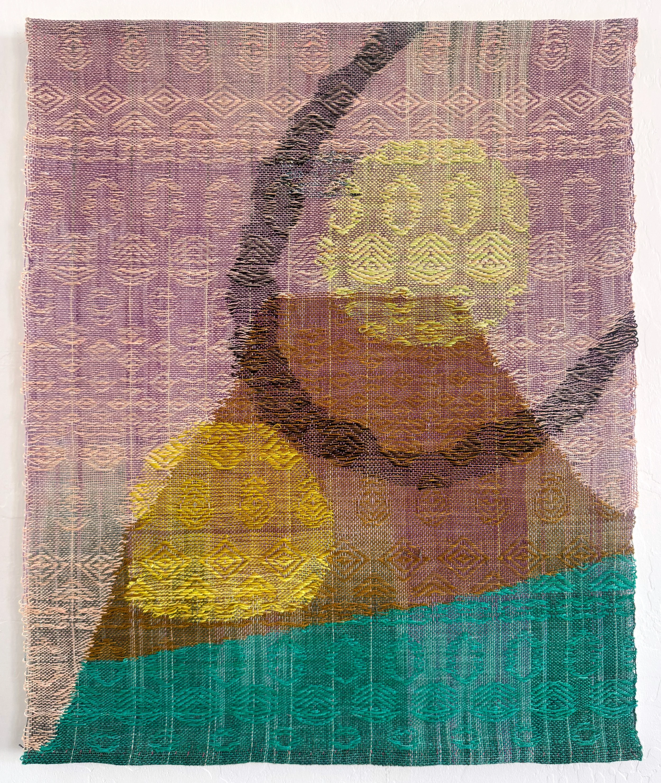 Erika Lynne Hanson|Simultaneous Temporalities, or, an Accidental Volcano That is Also the Ground|2025|Woven Linen and Lurex|24x20 Inches