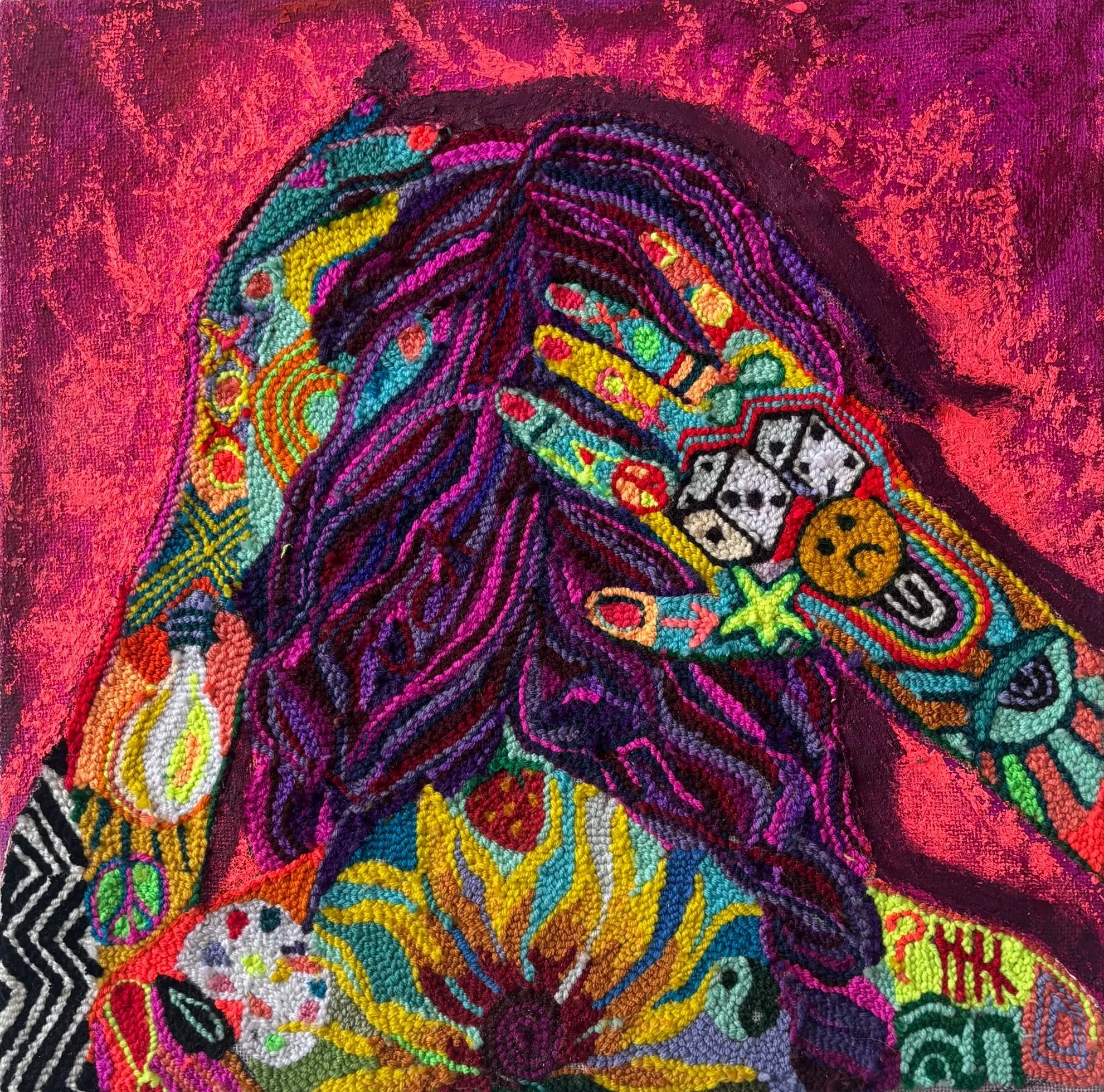Liv Aanrud|The Bystander|2026|Hand Punched Yarn, Acrylic and Oil Stick on Monkscloth|20x20 Inches