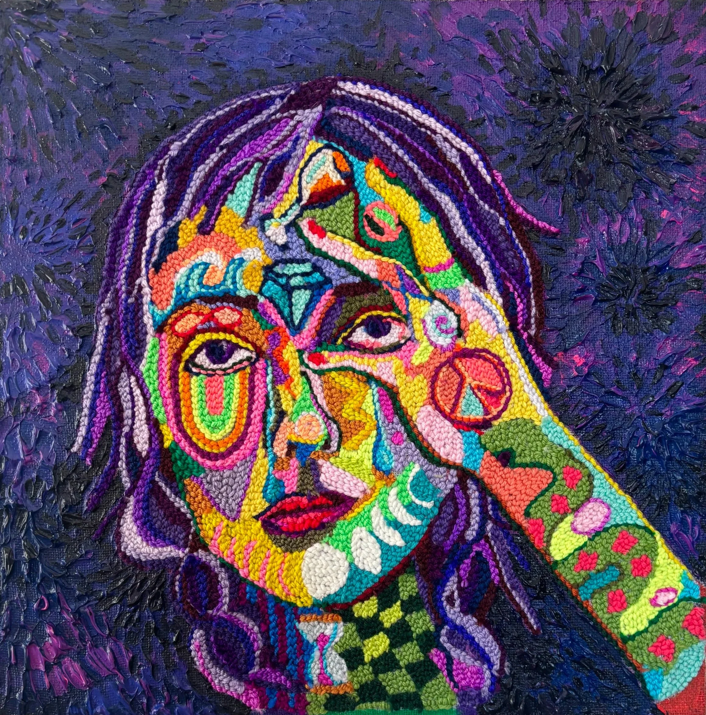 Liv Aanrud|Holding Myself Together with One Hand|2026|Hand Punched Yarn, Acrylic and Oil Stick on Monkscloth|20x20 Inches