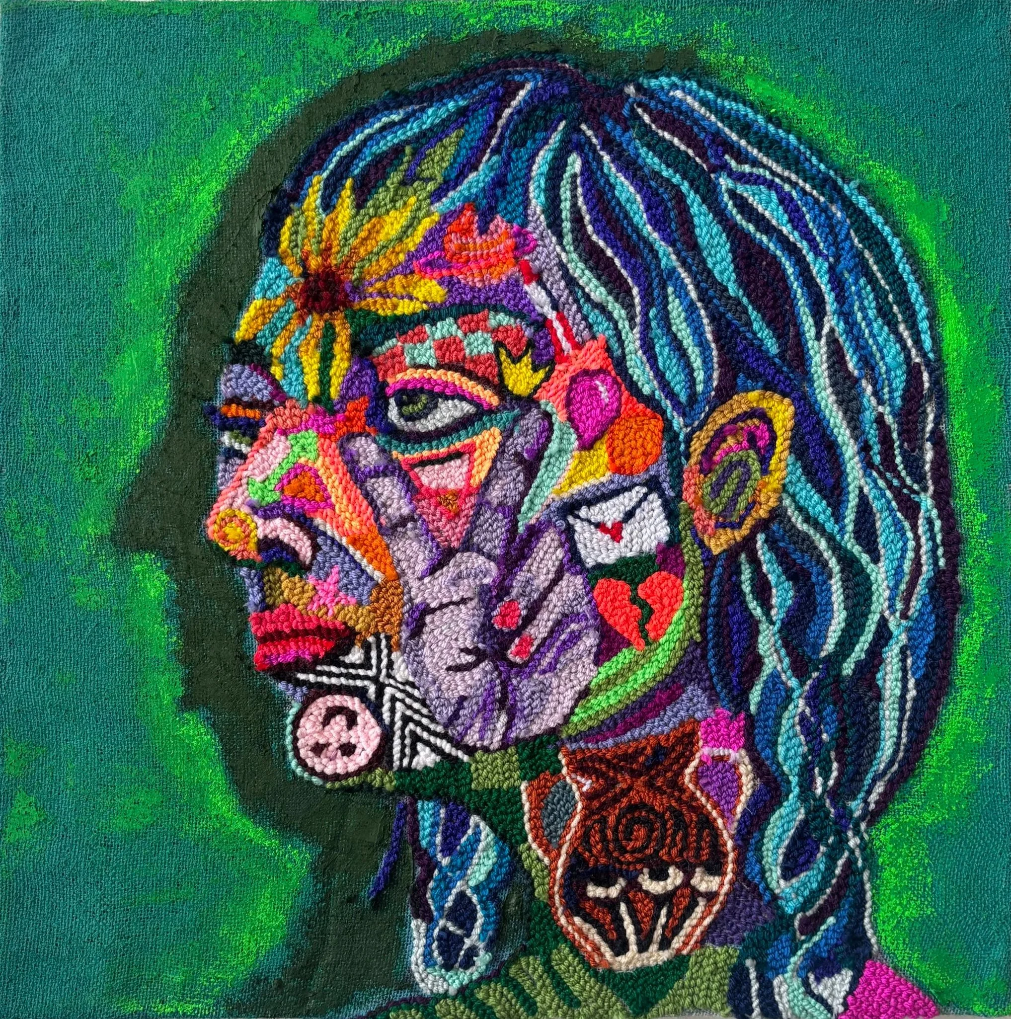 Liv Aanrud|Enthusiasm|2026|Hand Punched Yarn, Acrylic and Oil Stick on Monkscloth|20x20 Inches