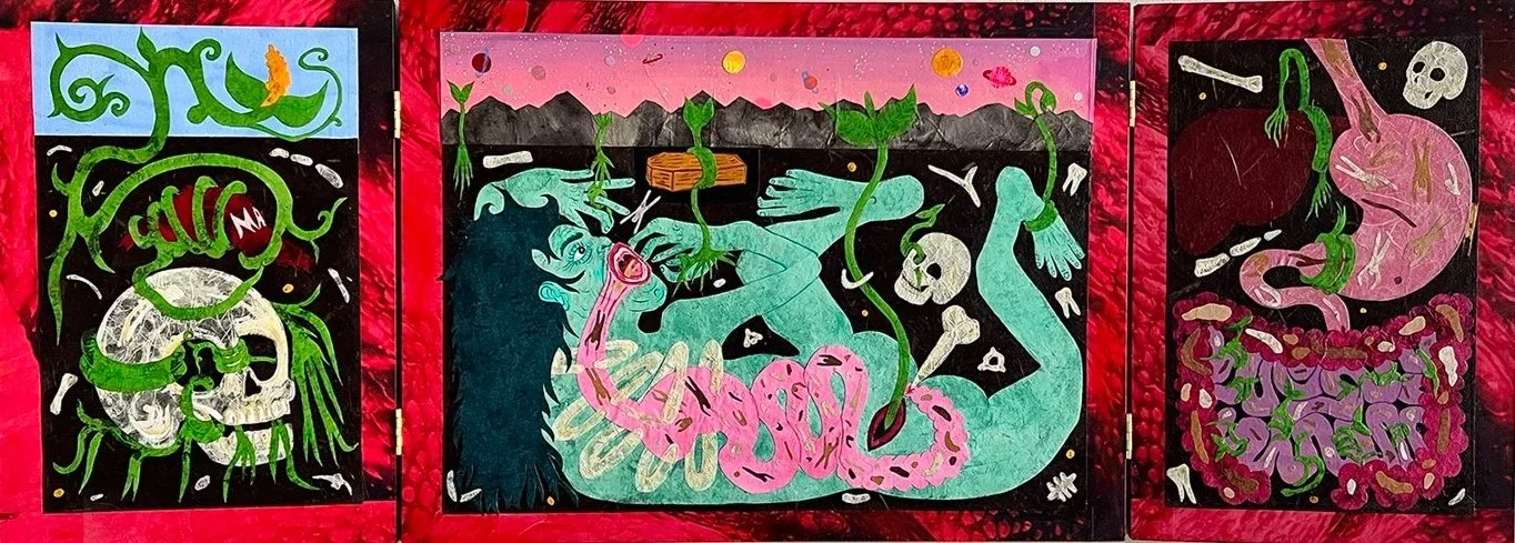 Julia Curran|Memento Mori For Evil Men (One Day You Too Will Die, She Will Eat You, Then Shit Out Your Bones)|2022|Mixed Media Triptych Painting (acrylic paint, woodblock print, silkscreen and collage on hinged wooden panel)|18x48 Inches (open), 18x2