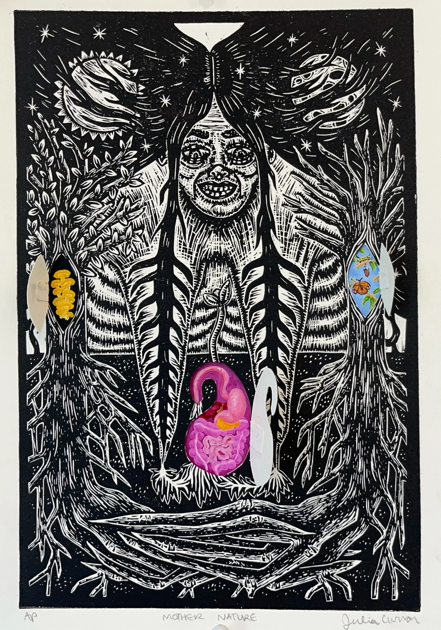 Julia Curran|Mother Nature|2024|Woodblock Print and Oil on Paper|13x9 Inches