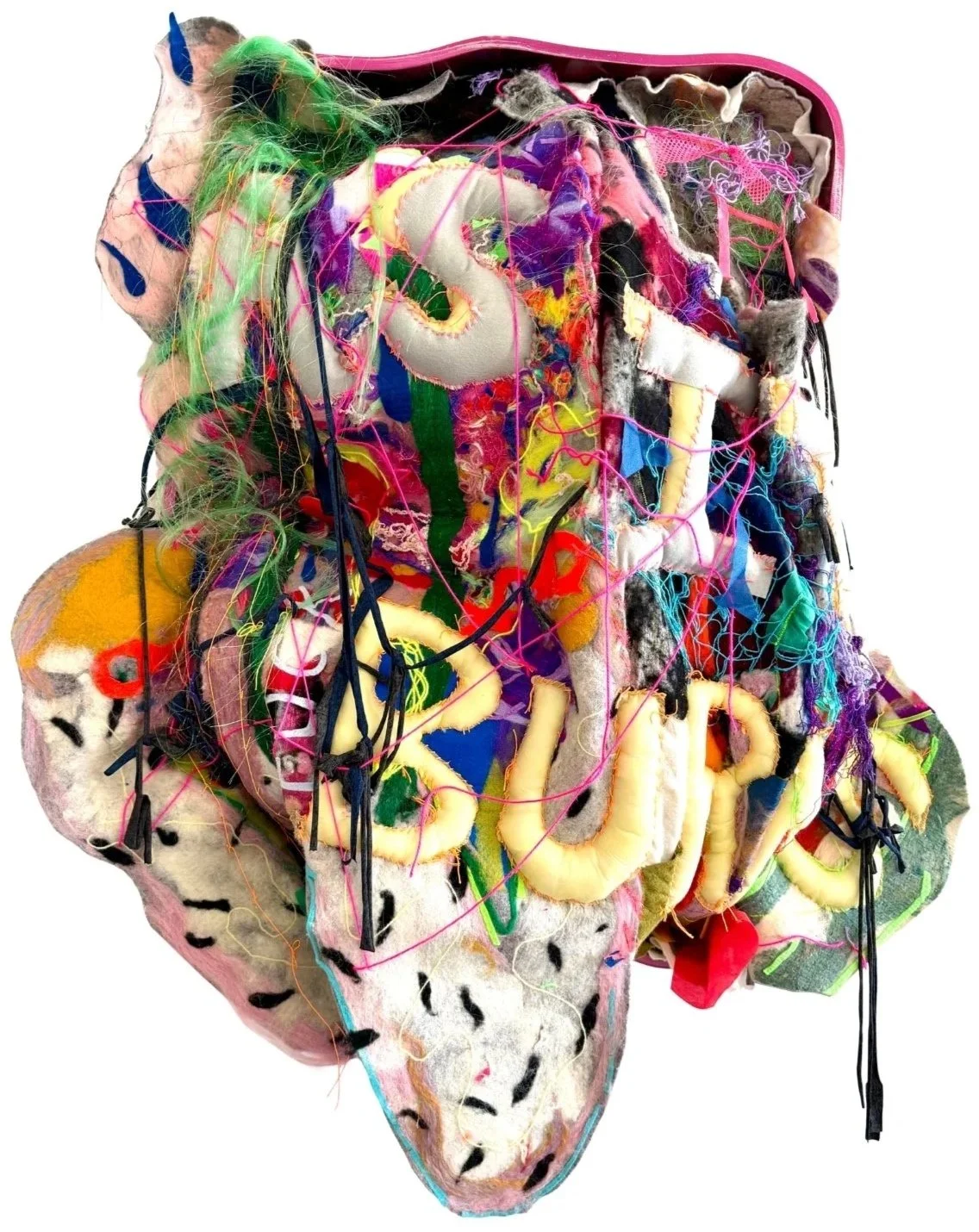 Emily Silver|As It Burns|2026|Wood, wool, cotton, netting, acrylic|59x51x17 Inches