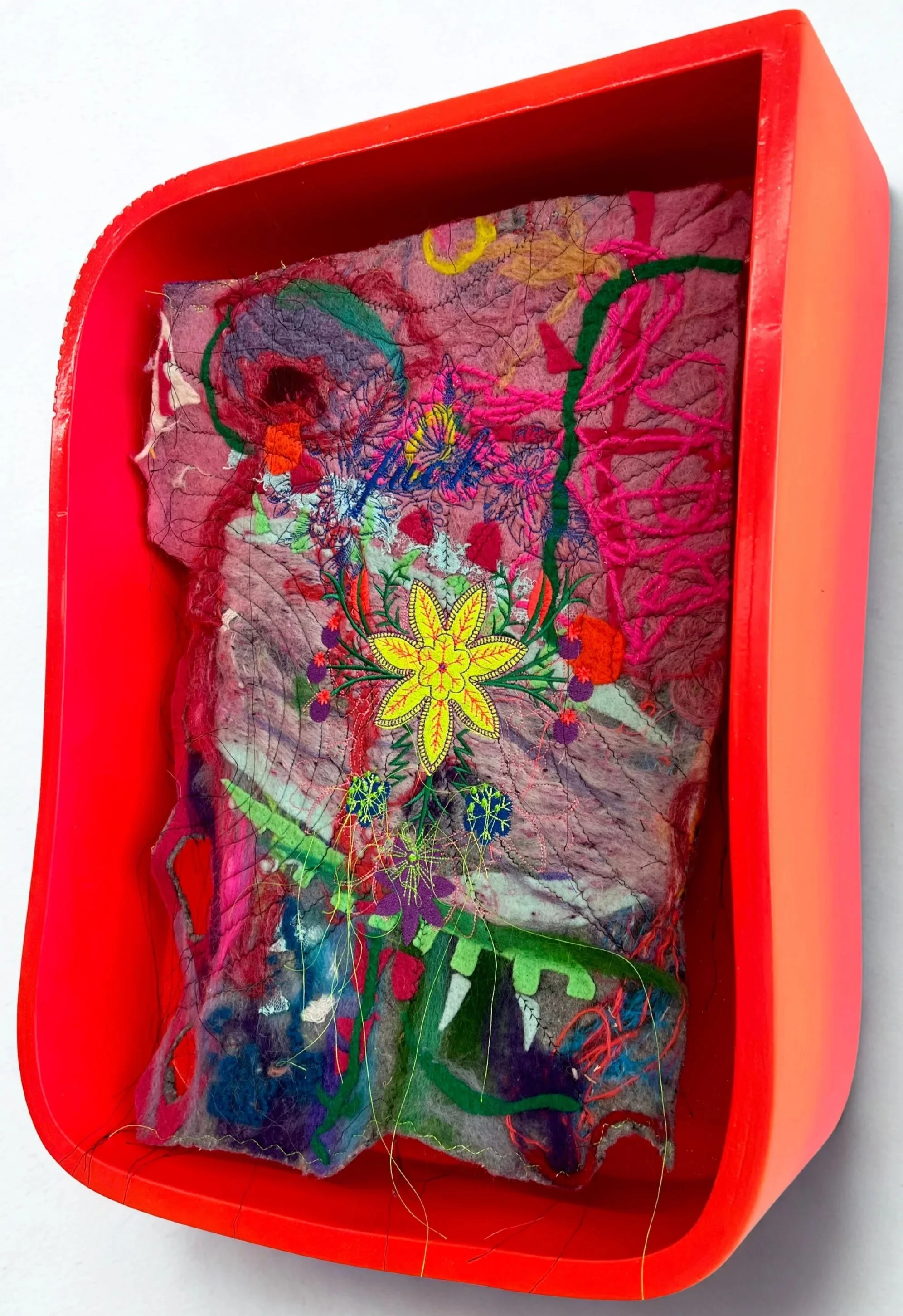 Emily Silver|Lil Fucker (side view)|2026|Wood, wool, cotton, embroidery, acrylic|21x17x6 Inches