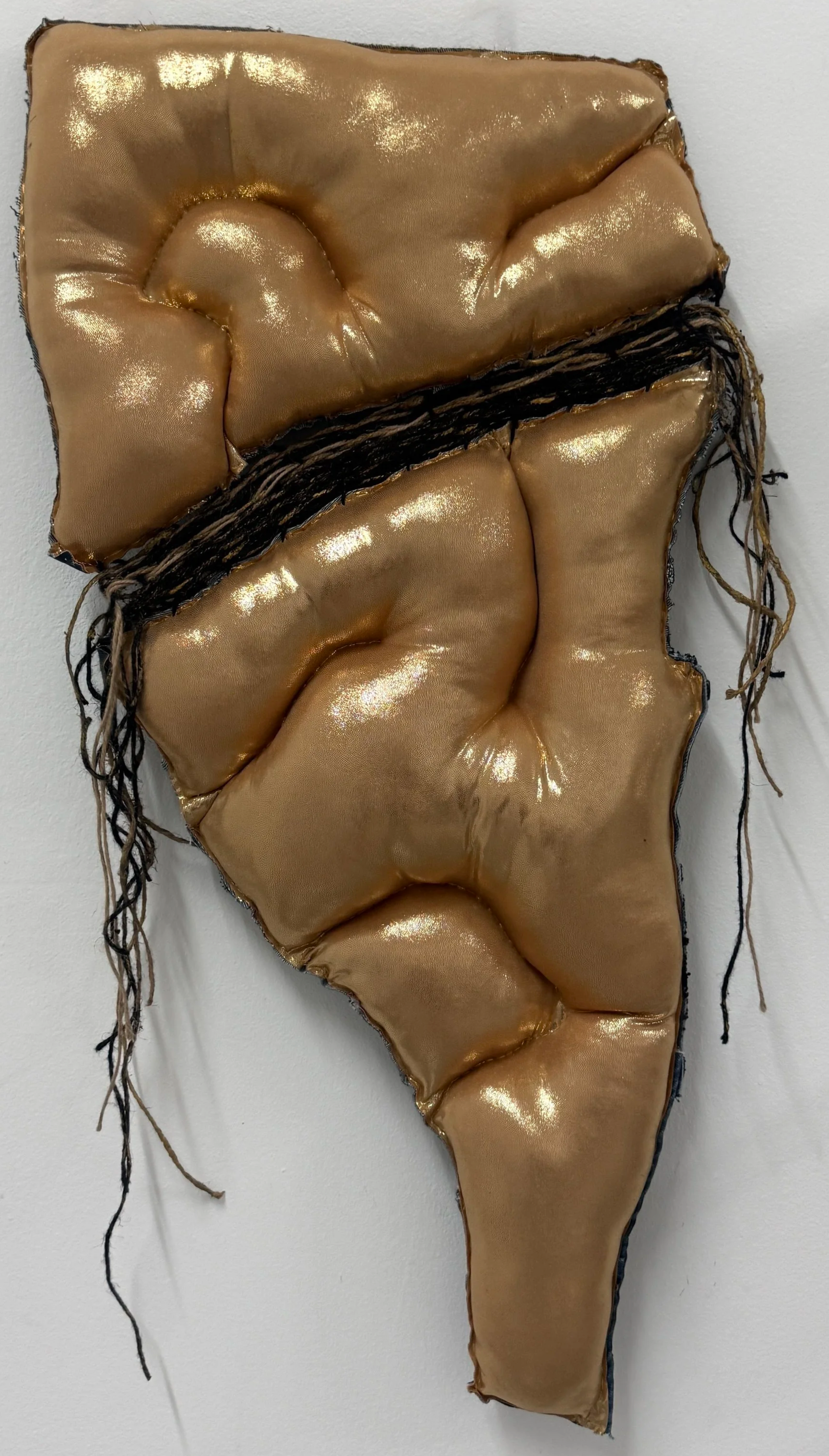 Joy Ray|desire only burns (reverse side)|2026|Thrift store denim, twine, fabric, paint, sand, gravel; text from The Red Book by Carl Jung|36x20x3 Inches