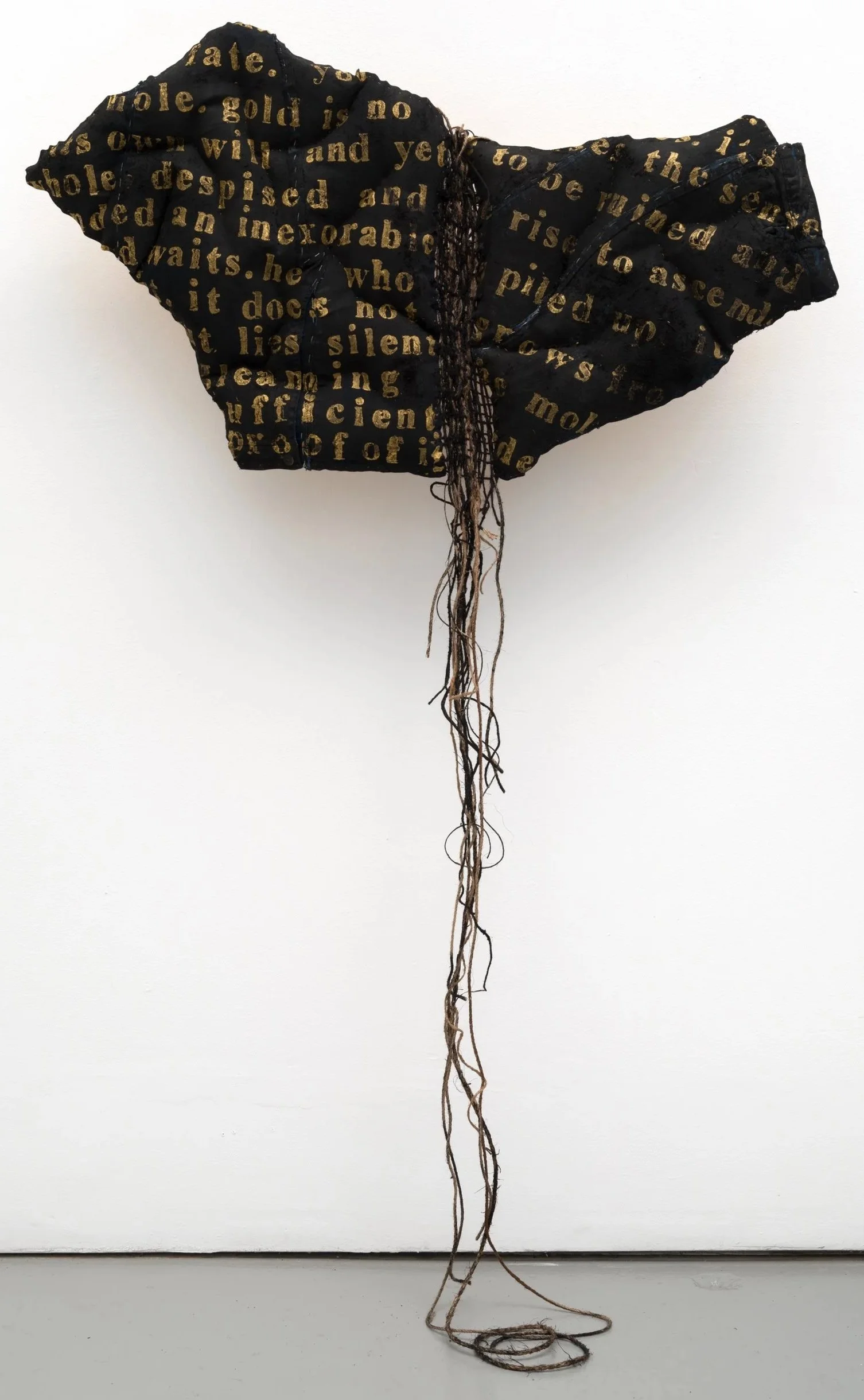 Joy Ray|to be ruined and rise|2025|Thrift store denim, twine, fabric, paint; text from The Red Book by Carl Jung|44x24x3 Inches