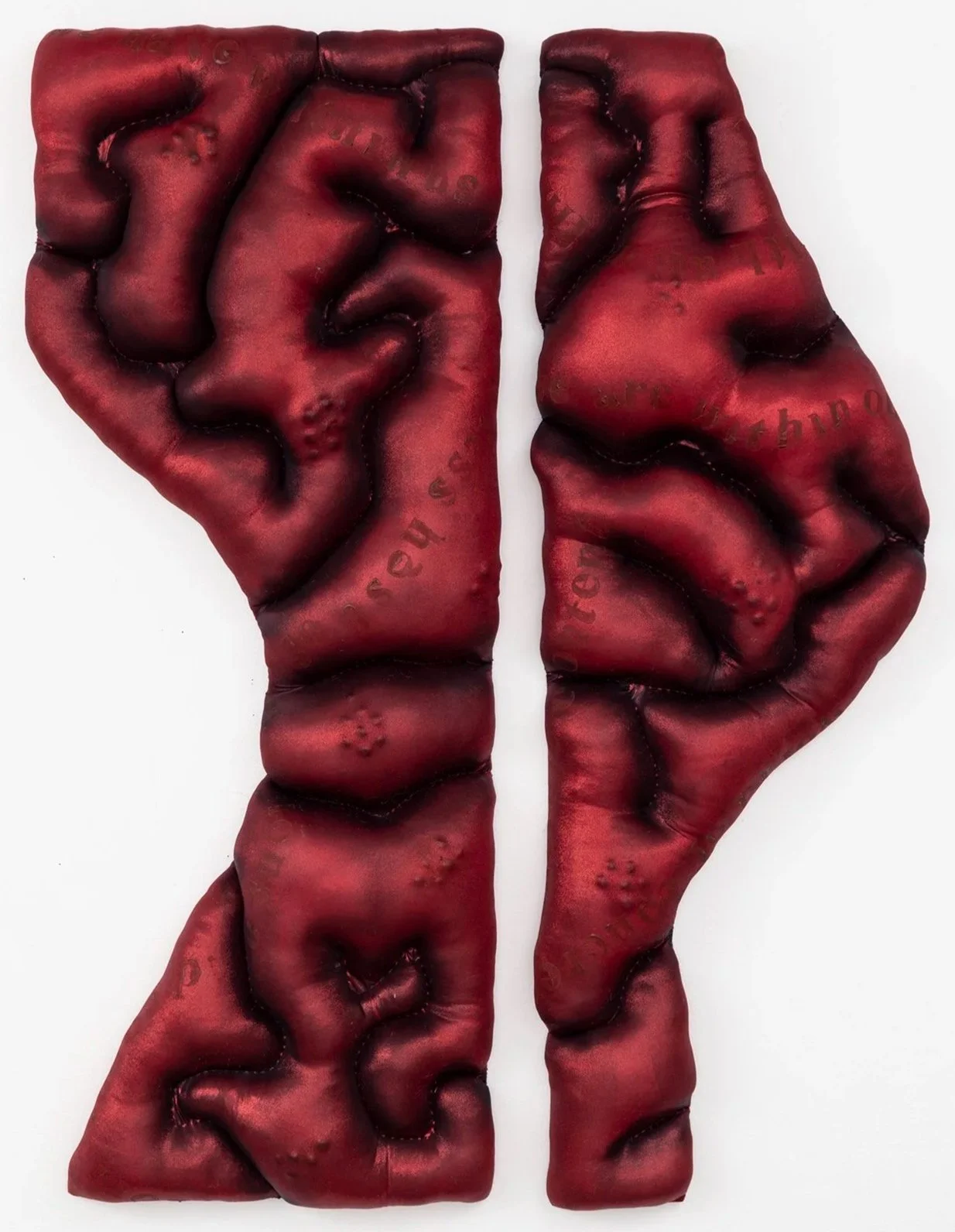 Joy Ray|we have within us a countless host|2026|Fabric, paint, stuffing and plastic food on custom shaped wood panel; text from Phenomenology of Spirit by Georg Wilhelm Friedrich Hegel|48x40x5 Inches (diptych)