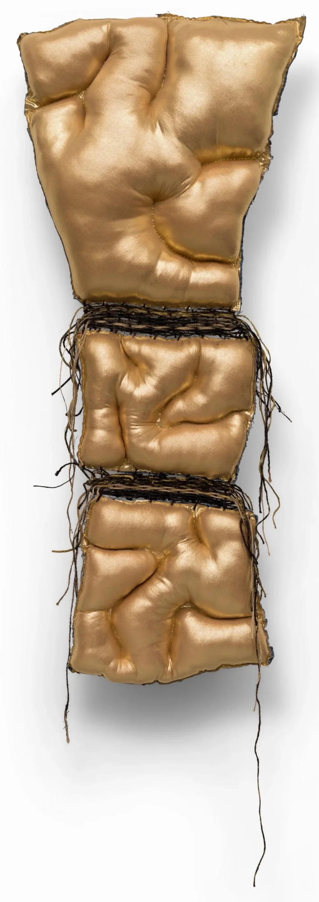 Joy Ray|proven through longing (reverse side)|2026|Thrift store denim, twine, fabric, paint, sand, gravel; text from The Red Book by Carl Jung|52x23x4 Inches