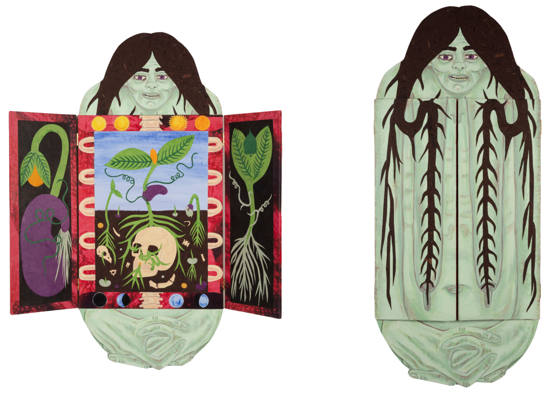 Julia Curran|What the Garden Gave Me|2020|Mixed Media Triptych Painting (acrylic paint, woodblock print, silkscreen, and collage on hinged wooden panel)|36x40 Inches (open), 18x40 Inches (closed)