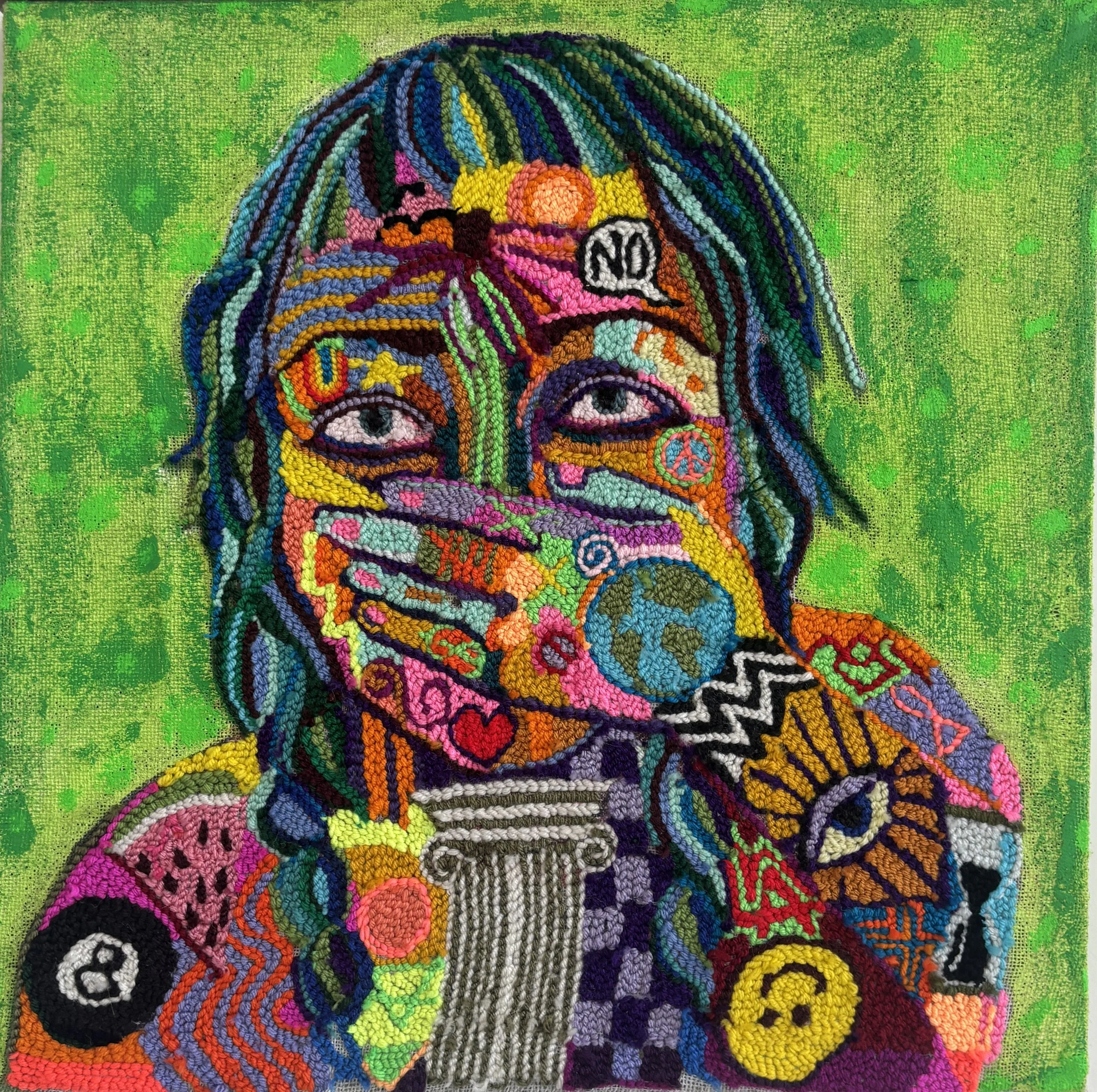 Liv Aanrud|Don't Worry, the Air is Safe to Breathe|2026|Hand Punched Yarn, Acrylic and Oil Stick on Monkscloth|20x20 Inches